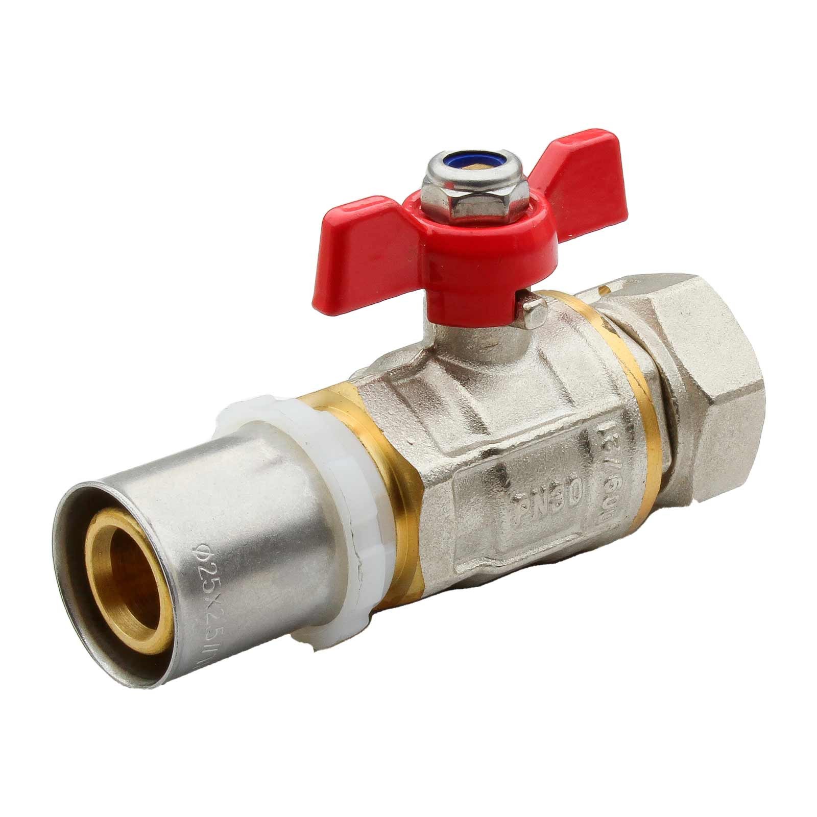 45642 Válvula Esfera Conexión Multicapa Prensar PN30 Tuerca Móvil Con Mando Palomilla Color Rojo