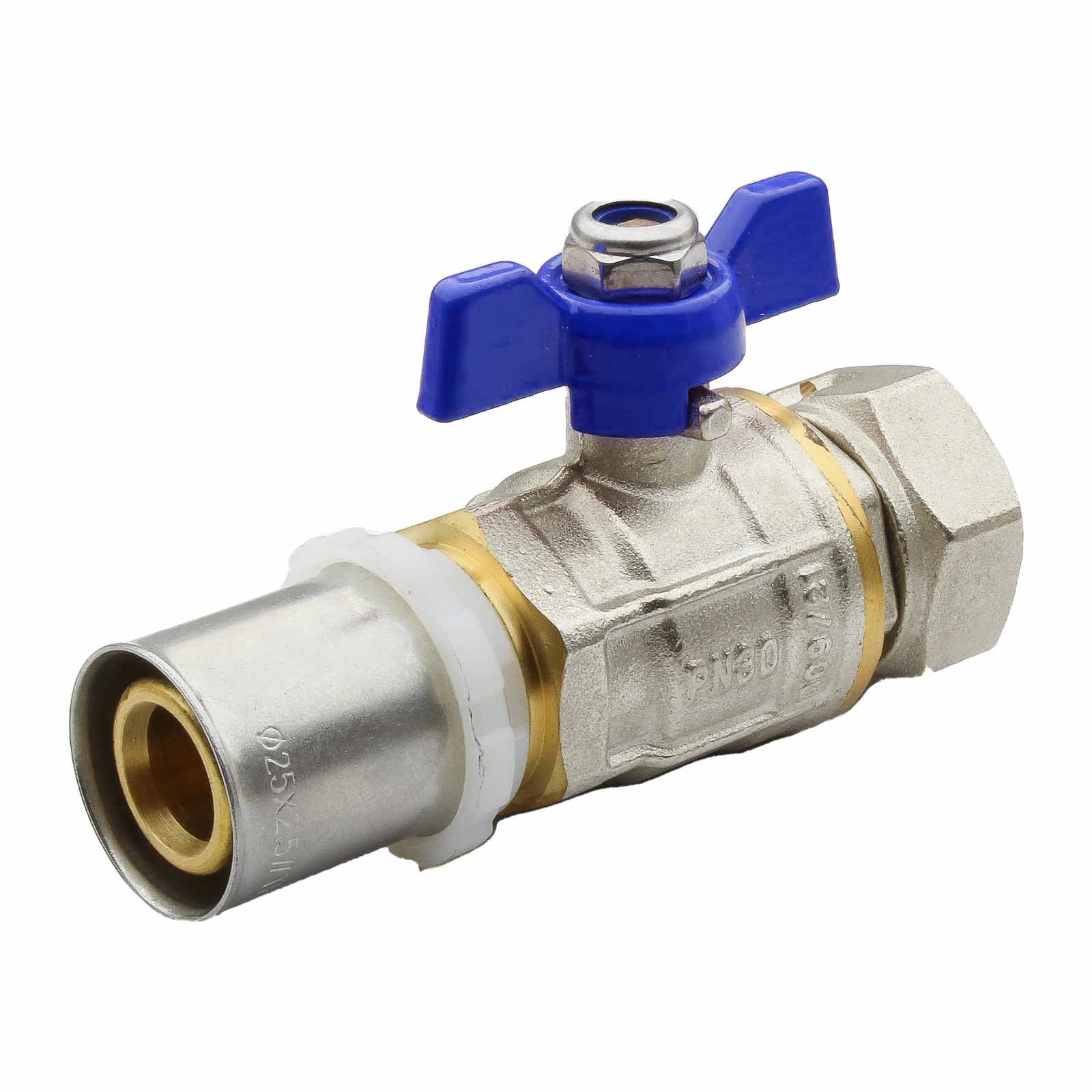 456422 Válvula Esfera Conexión Multicapa Prensar PN30 Tuerca Móvil Con Mando Palomilla Color Azul