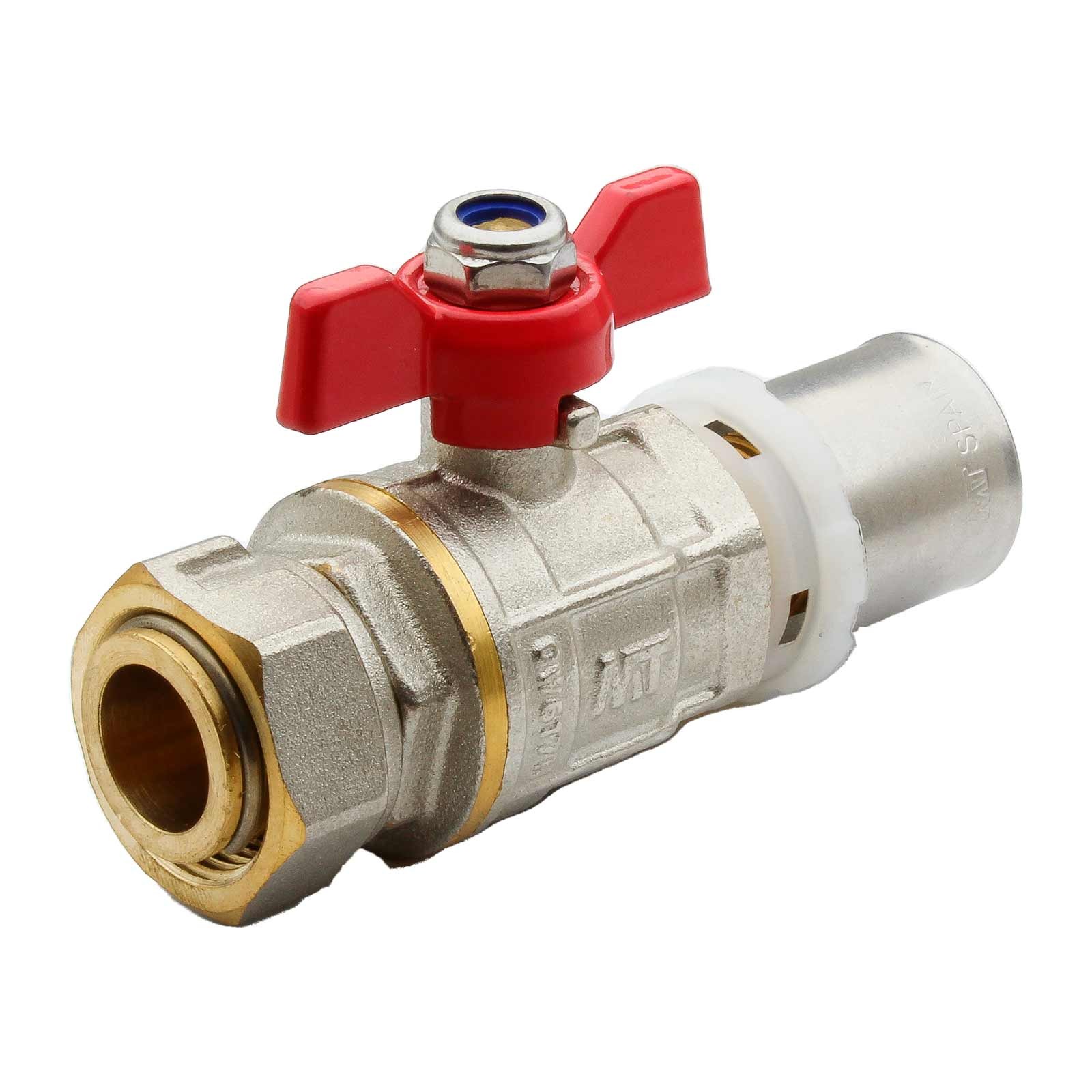 45642 Válvula Esfera Conexión Multicapa Prensar PN30 Tuerca Móvil Con Mando Palomilla Color Rojo