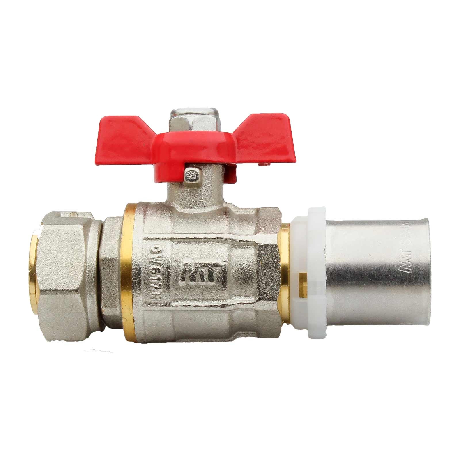 45642 Válvula Esfera Conexión Multicapa Prensar PN30 Tuerca Móvil Con Mando Palomilla Color Rojo