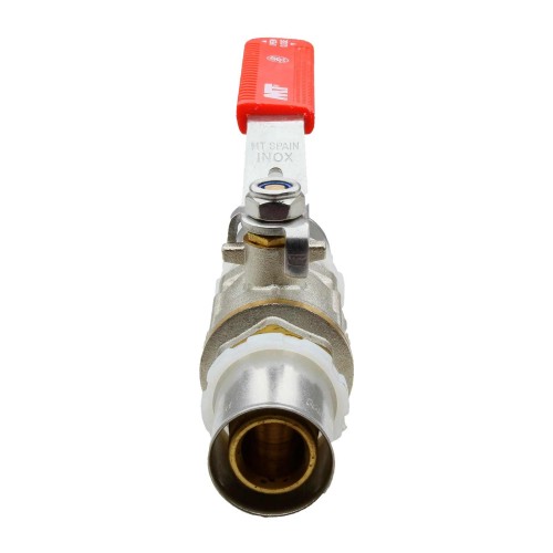 40642 Válvula Esfera Conexión Multicapa Prensar PN30 Con Palanca De Acero Inoxidable Maneta Ergonómica Color Rojo