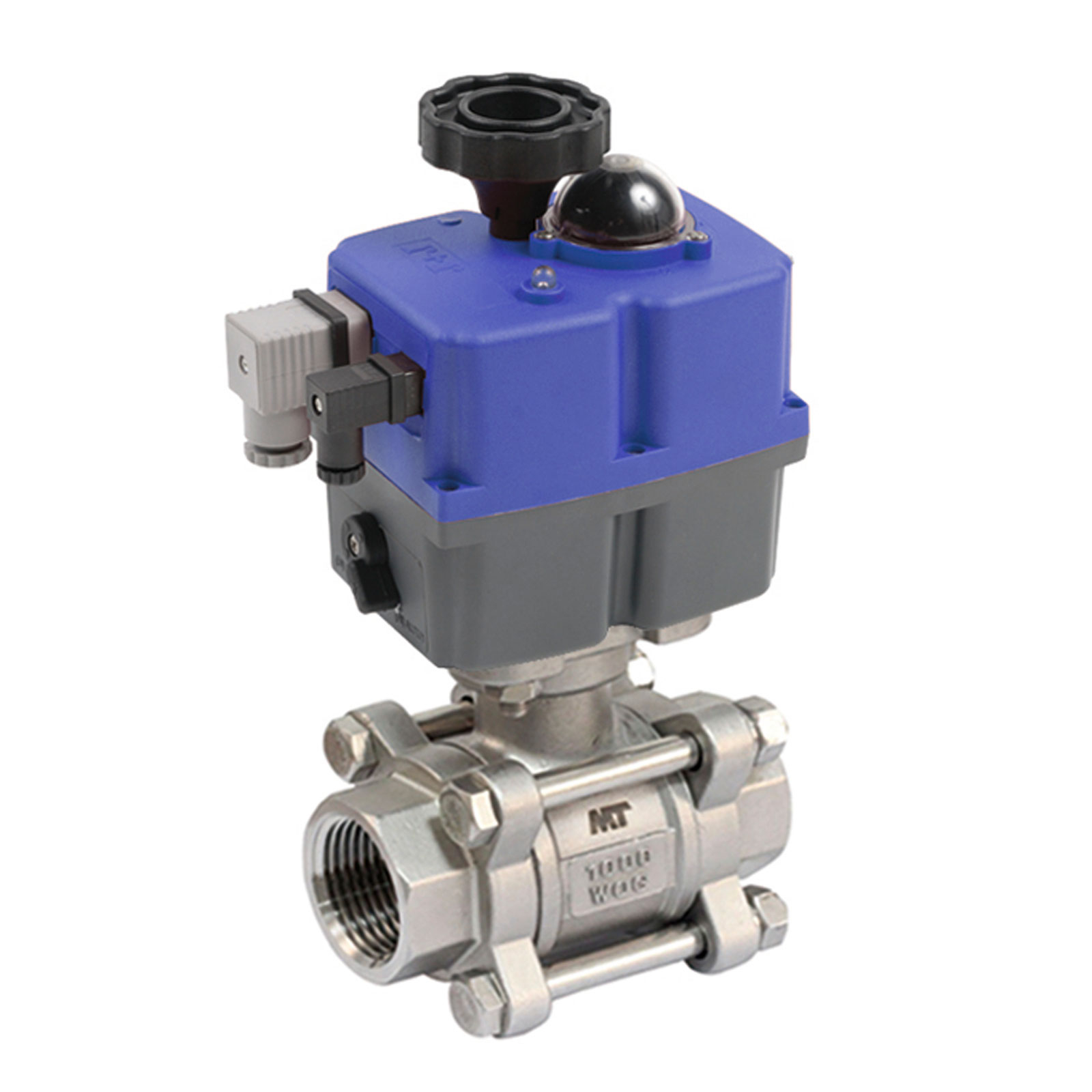 5300912 Válvula Tres Piezas Roscar Paso Total Con Pletina ISO Y Actuador Eléctrico Alto Voltaje