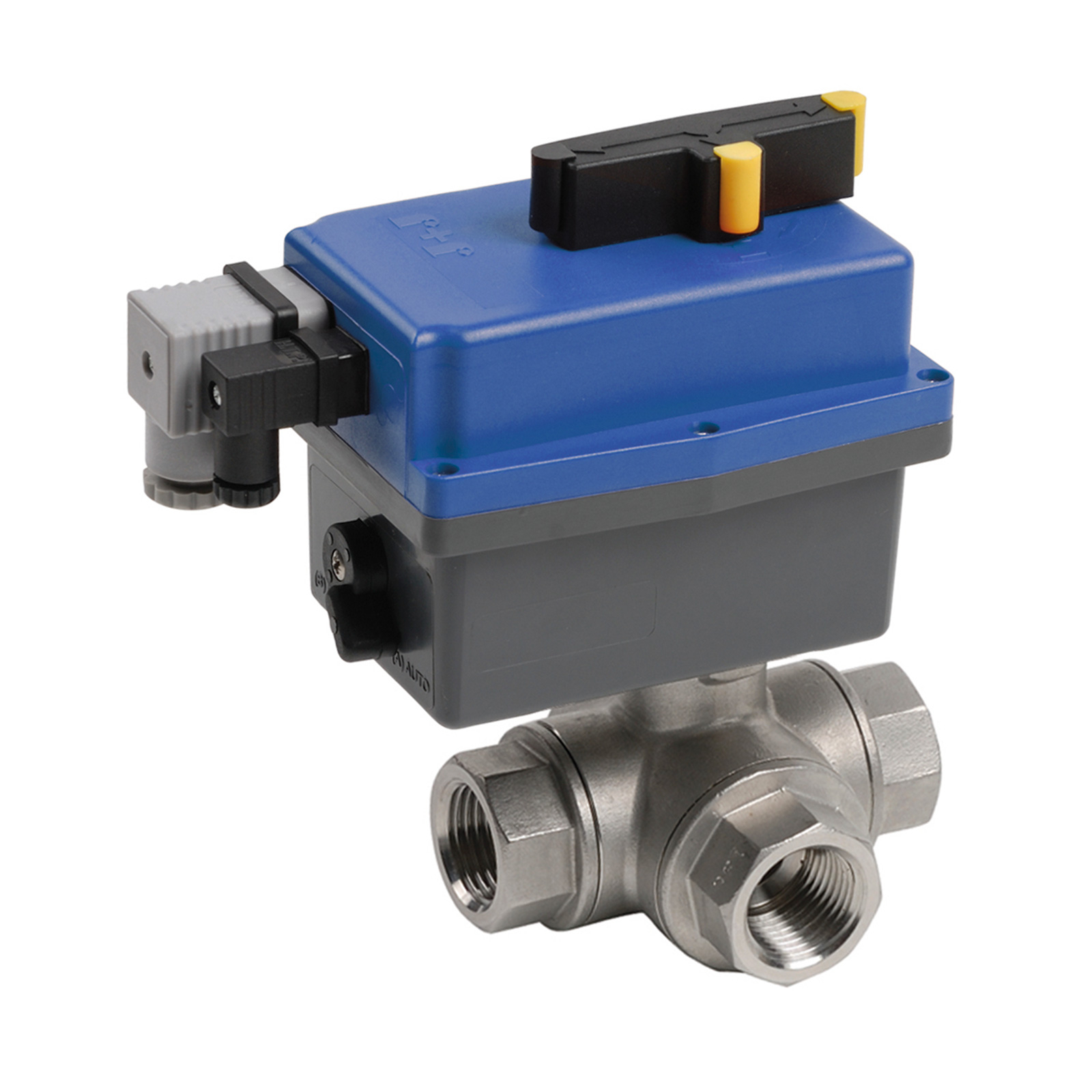 5300919 Válvula Esfera Tres Vías Paso En T Con Pletina ISO Y Actuador Eléctrico Alto Voltaje