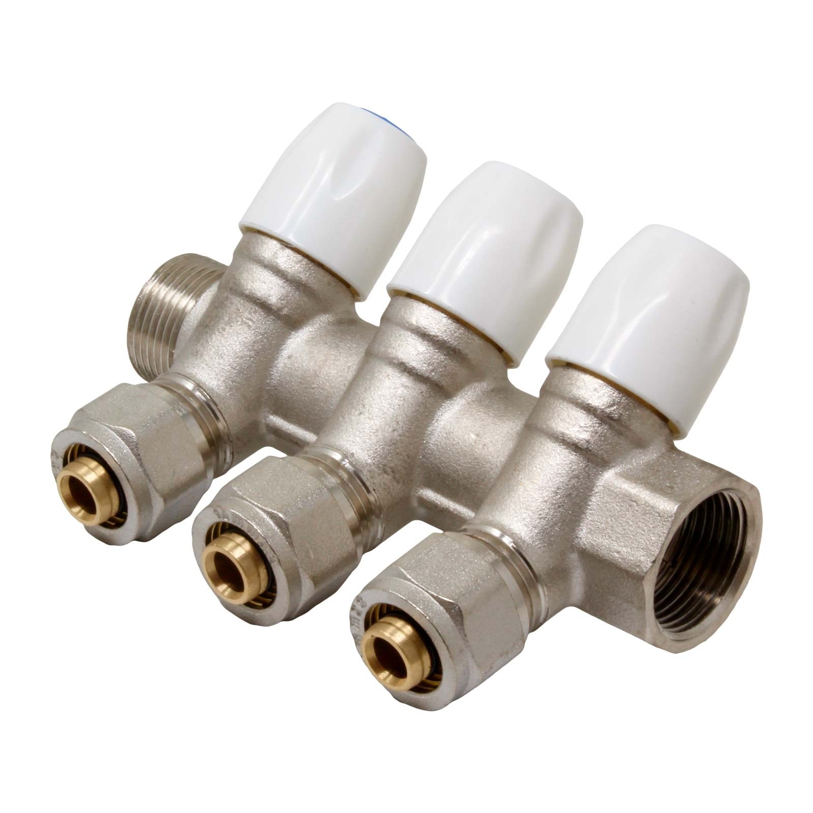 617019 Colector M/H Niquelado Con Válvulas Conexión Multicapa Compresión Mando Blanco