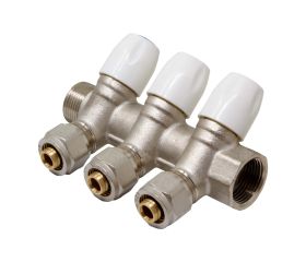 617019 Colector M/H Niquelado Con Válvulas Conexión Multicapa Compresión Mando Blanco
