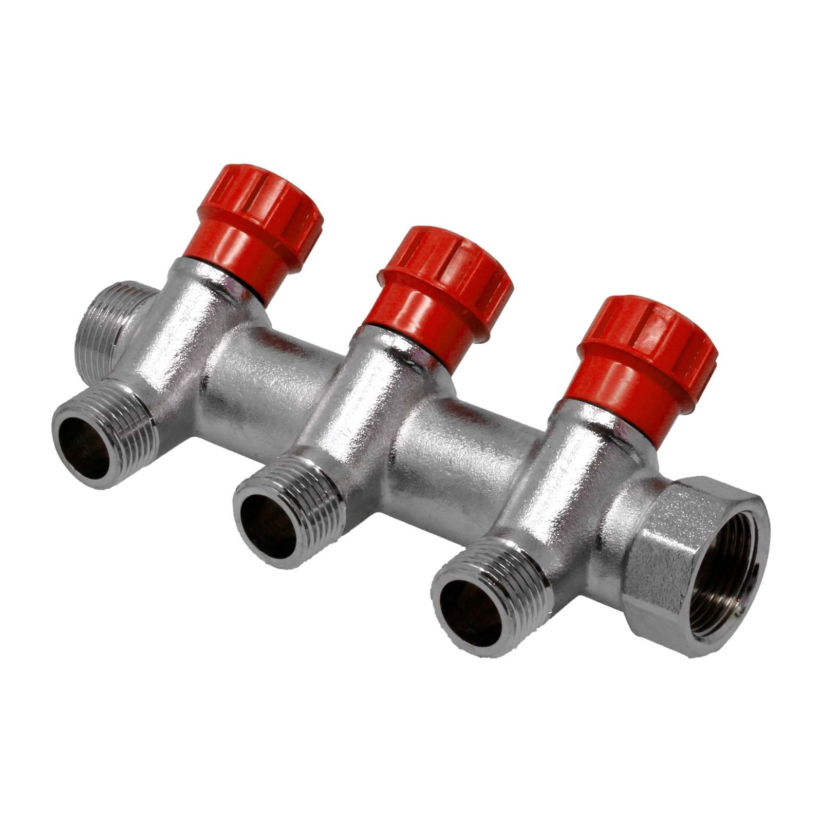 617020R Colector M/H Niquelado Salidas Con Válvulas Mando Rojo