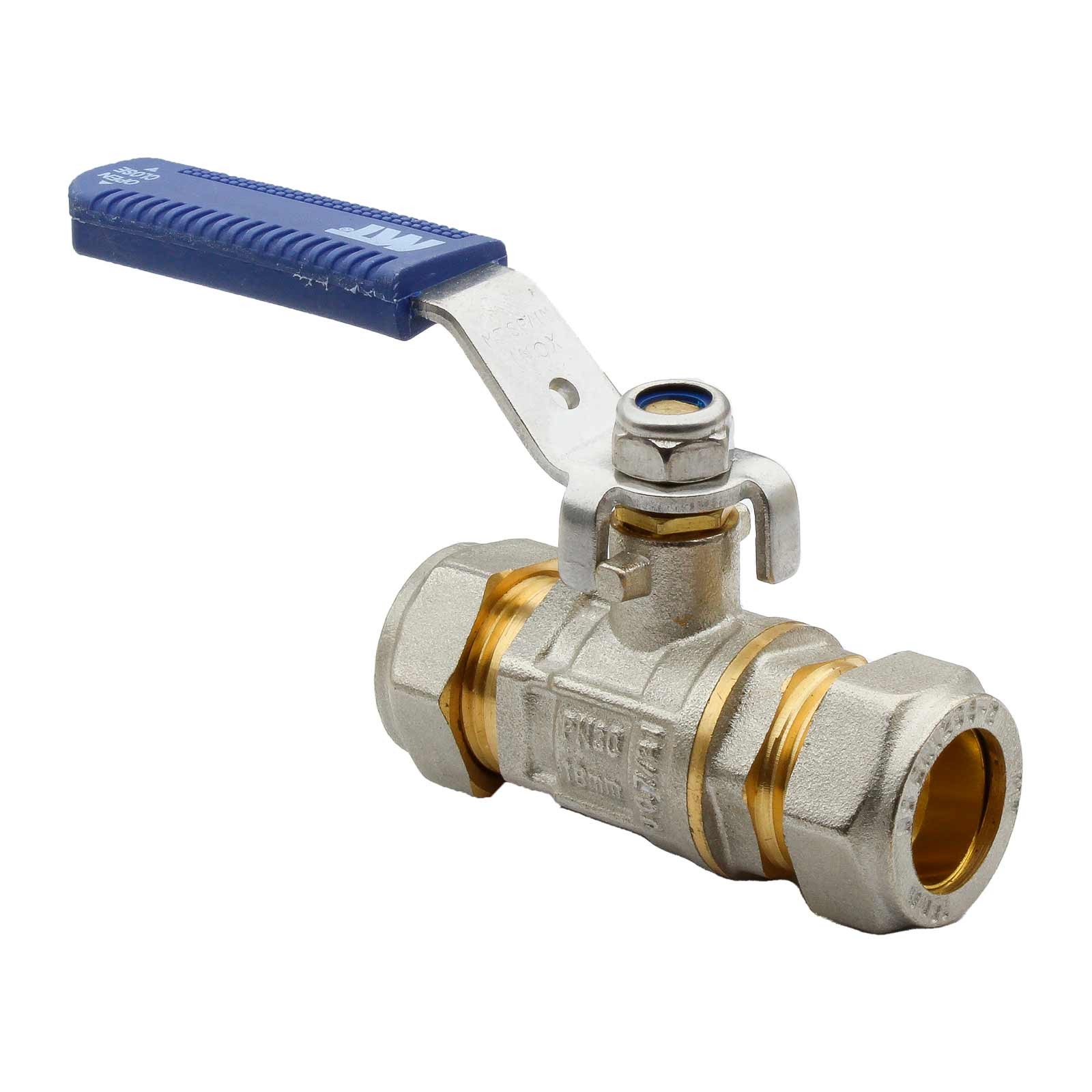66512 Válvula Esfera PN30 Enlace Compresión Palanca de Acero Inoxidable Maneta Ergonómica Color Azul