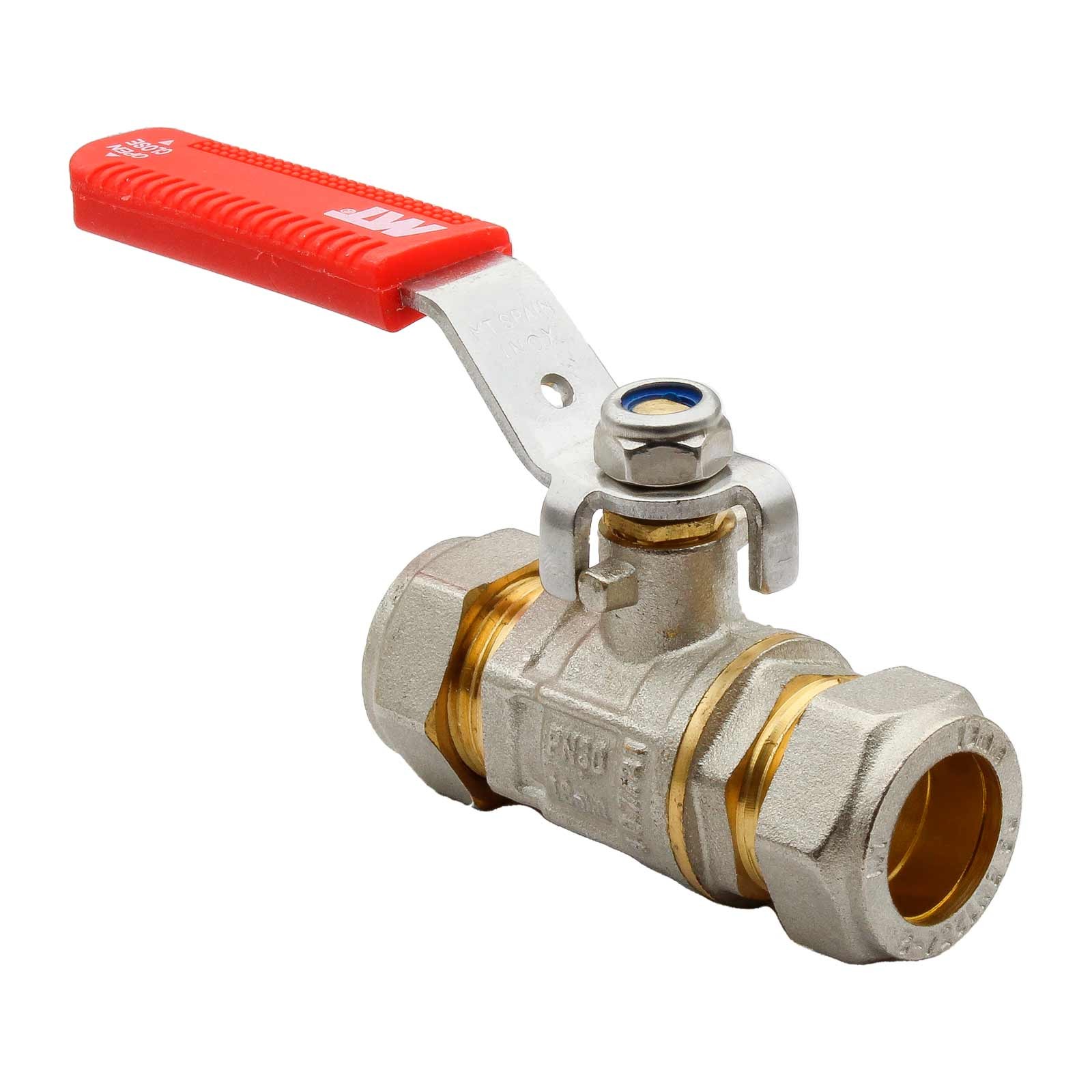 6651 Válvula Esfera PN30 Enlace Compresión Palanca de Acero Inoxidable Maneta Ergonómica Color Rojo