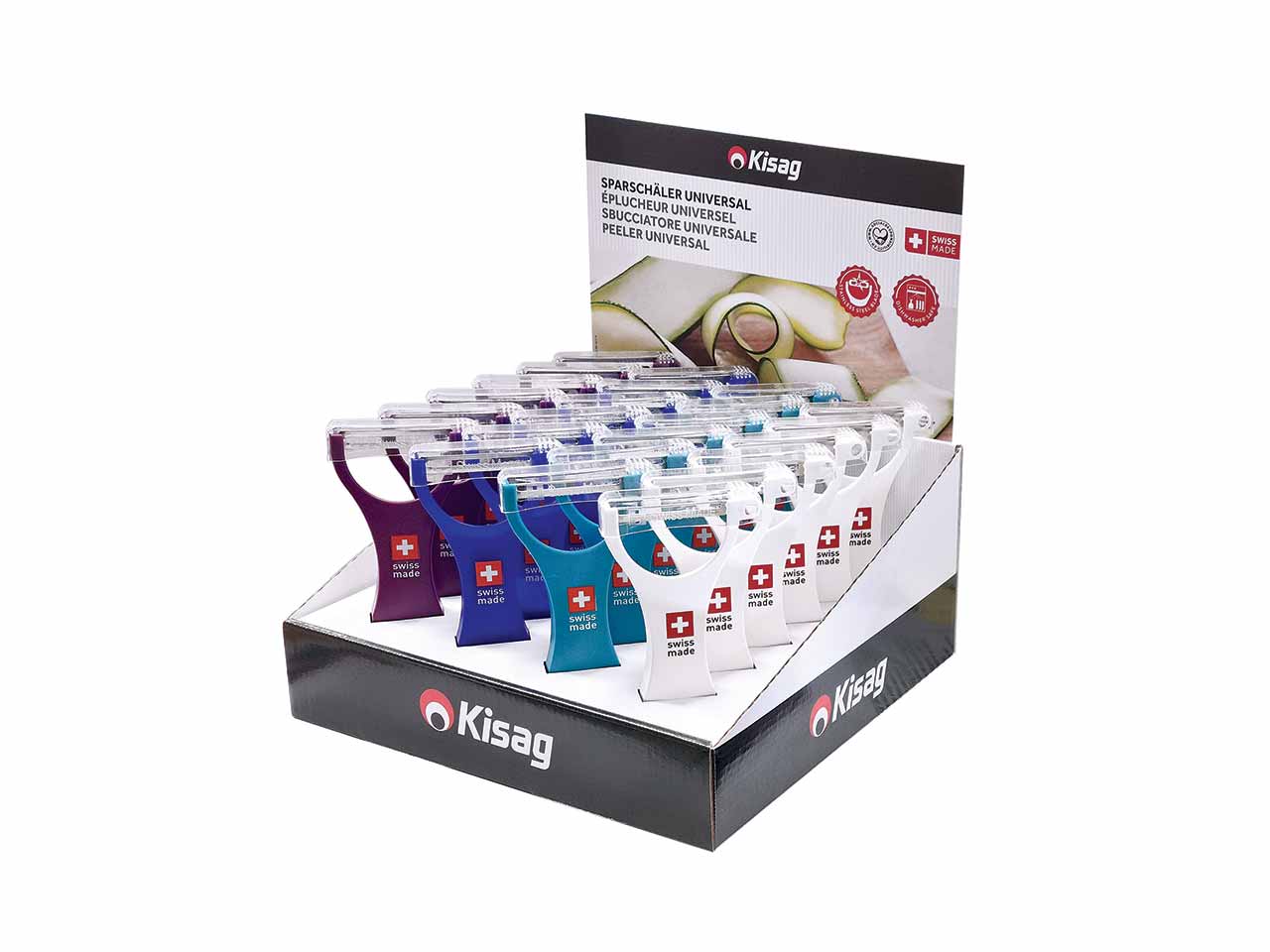 EXPOSITOR PELADOR KISAG 24Uds VIOLETA, AZUL MARINO, AZUL CLARO Y BLANCO