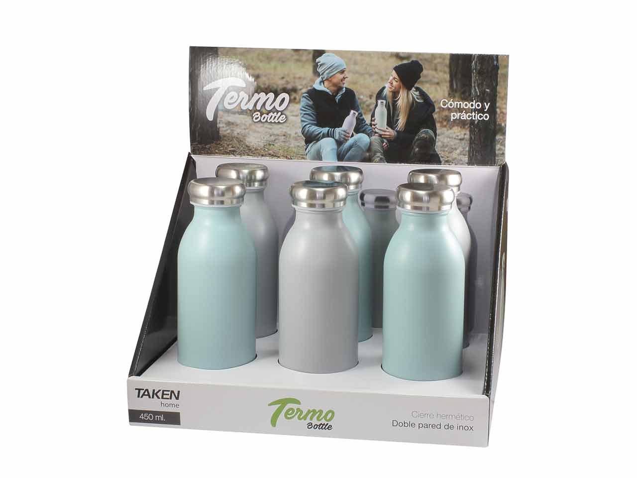 EXPOSITOR TERMO BOTTLE VERDE/GRIS 0,45L TAKEN 6Uds