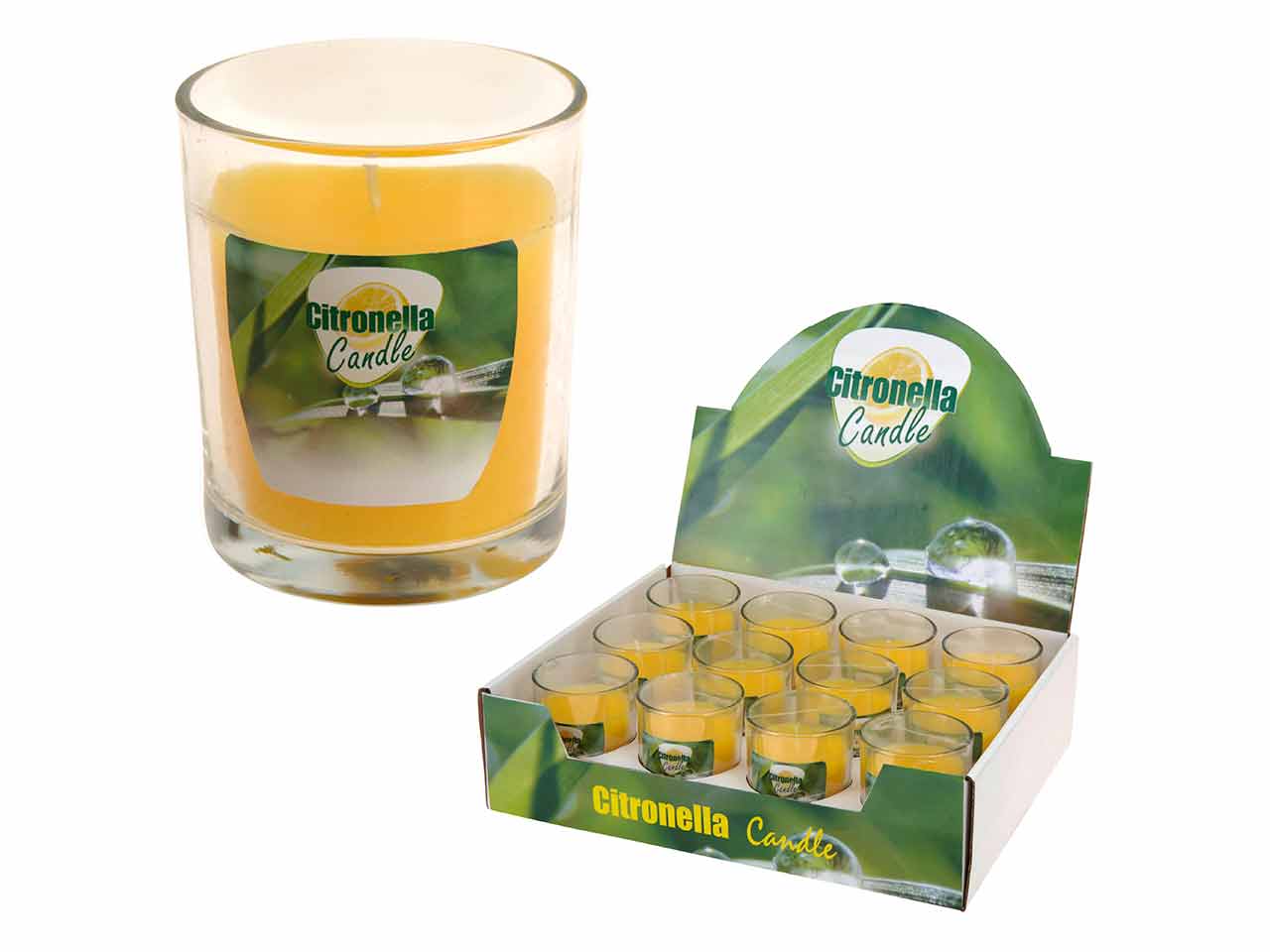 EXPOSITOR 12 UNIDADES VELA CITRONELA CON BOTE DE CRISTAL