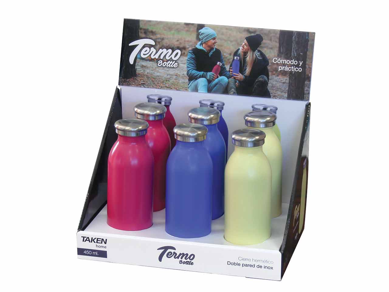 EXPOSITOR TERMO BOTTLE ROSA/AZUL/AMARILLO 0,45L TAKEN 6Uds