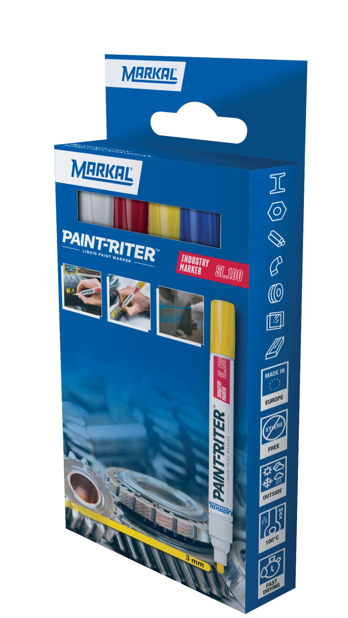 PAINT-RITER INDUSTRY MARKER SL100 RETAIL PACK (1 BLANCO 1 AMARILLO 1 ROJO 1 AZUL)