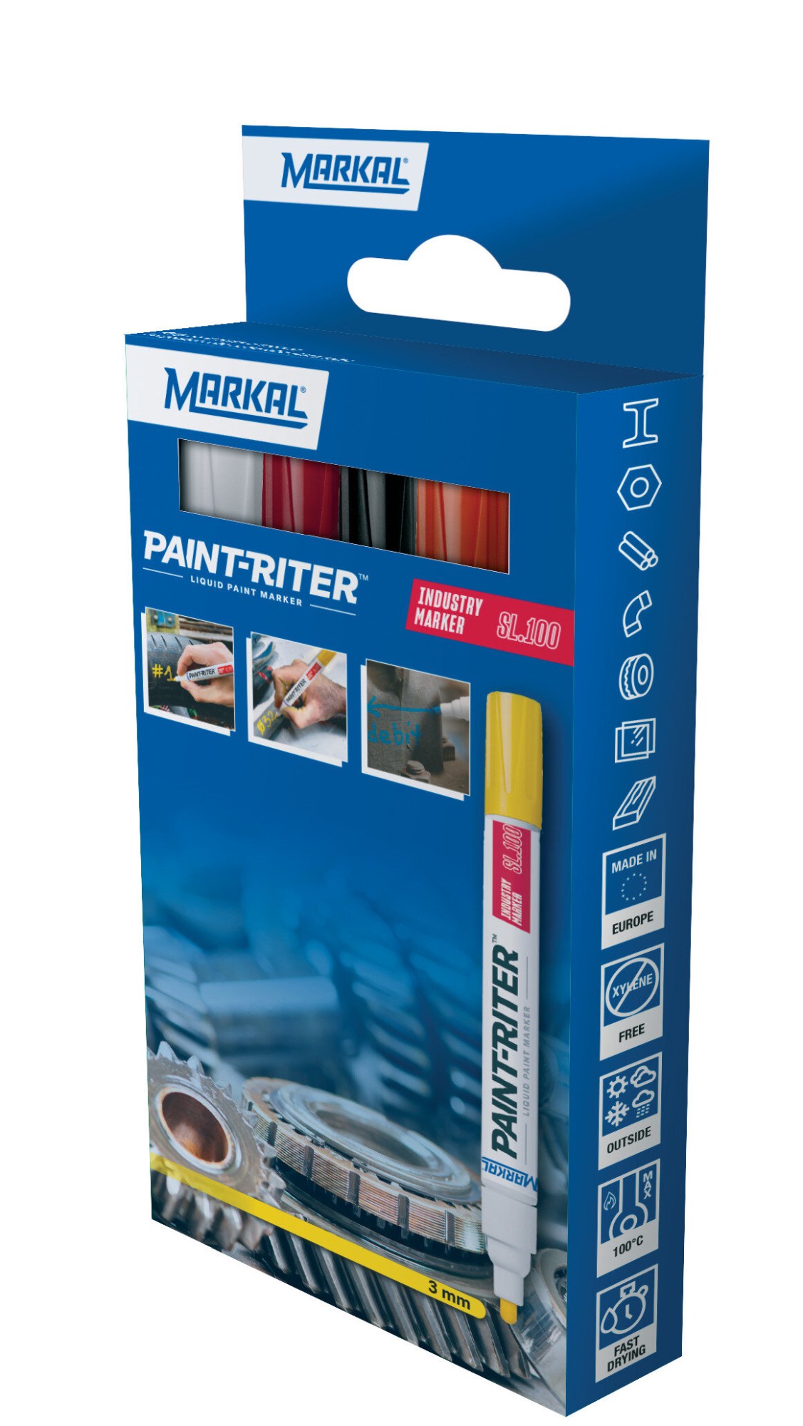 PAINT-RITER INDUSTRY MARKER SL100 RETAIL PACK (1 BLANCO 1 NEGRO 1 ROJO 1 NARANJA)