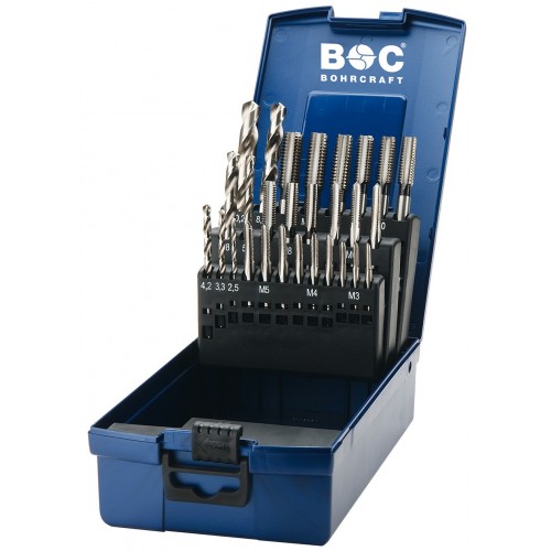 Bohrcraft Jg. machos mano de 3 uds. DIN 352 HSS-G + brocas, caja ABS // M3-M12 /28-uds.