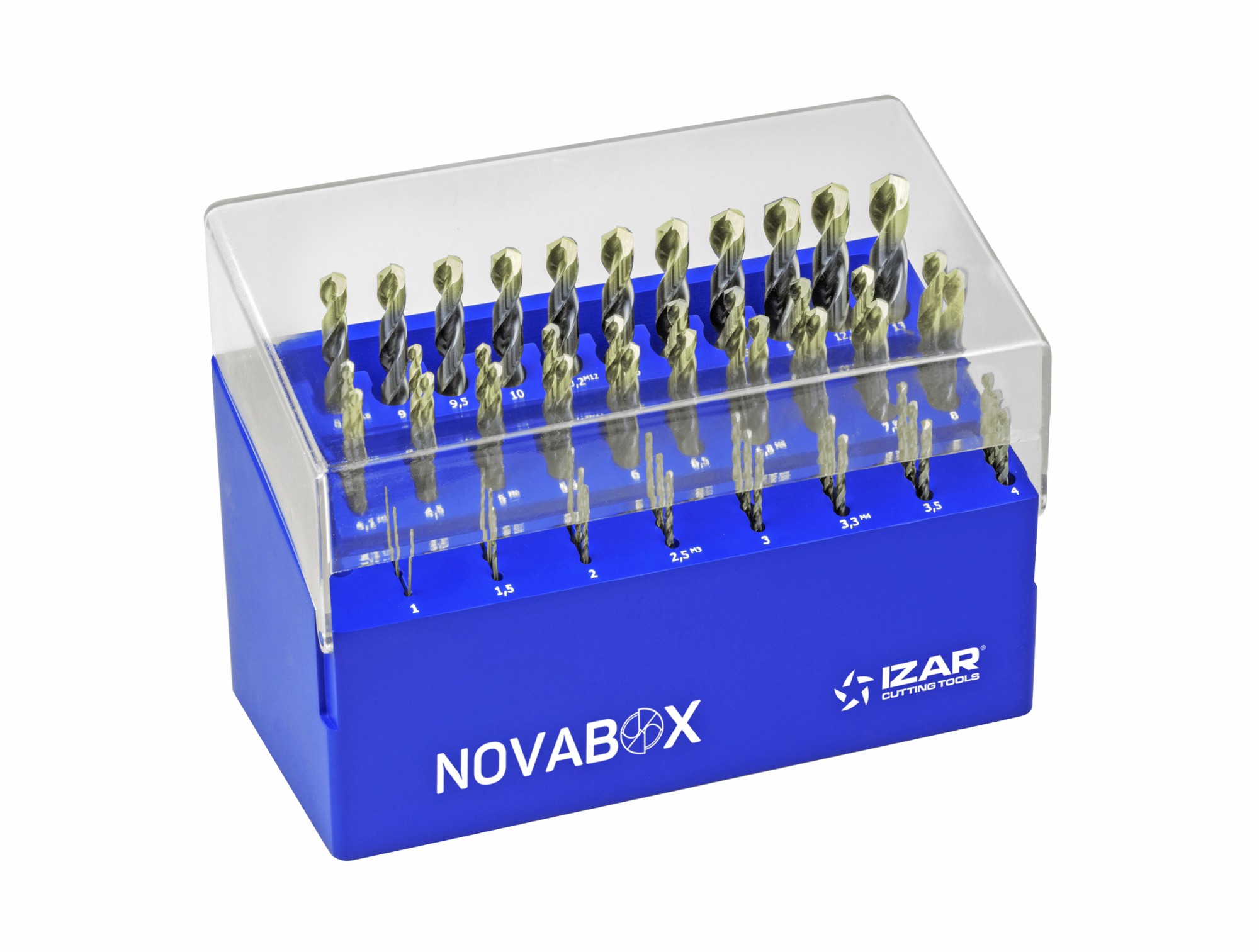 MINI-CABINET NOVABOX BROCAS DIN338N 55-UDS. - 1410 - 1-13X0,50 + PREVIOS ROSCADO HSS ZIRKON (1015) - PUNTA ZIRKONIO