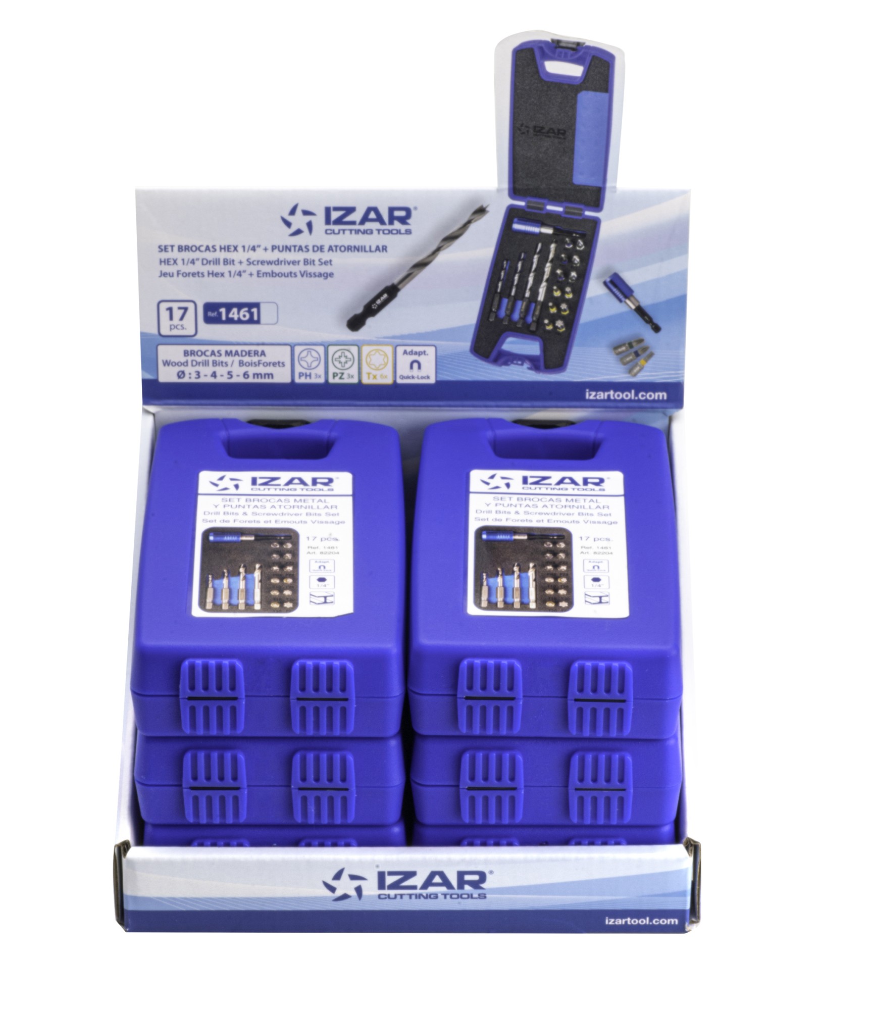SET MIXTO  - 1461 - EXPO BOX-PALLET 6 SETS MIXTOS BROCAS HEXAGONALES MADERA + PUNTAS ATORNILLAR 17 PCS