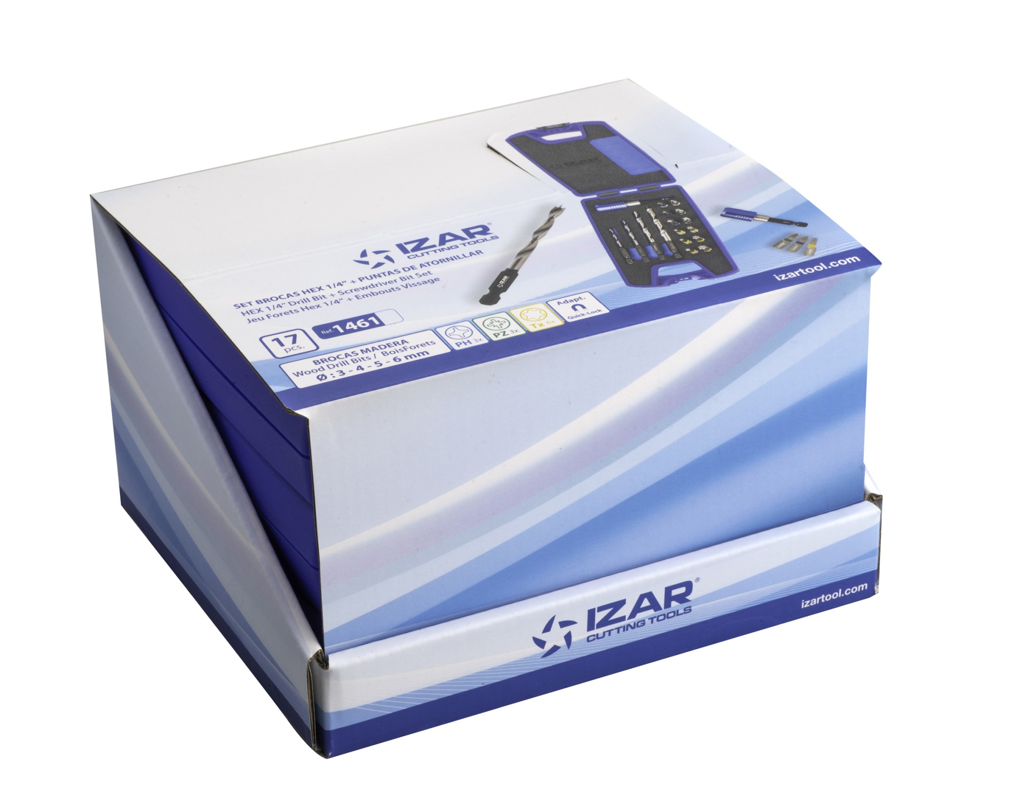 SET MIXTO  - 1461 - EXPO BOX-PALLET 6 SETS MIXTOS BROCAS HEXAGONALES MADERA + PUNTAS ATORNILLAR 17 PCS
