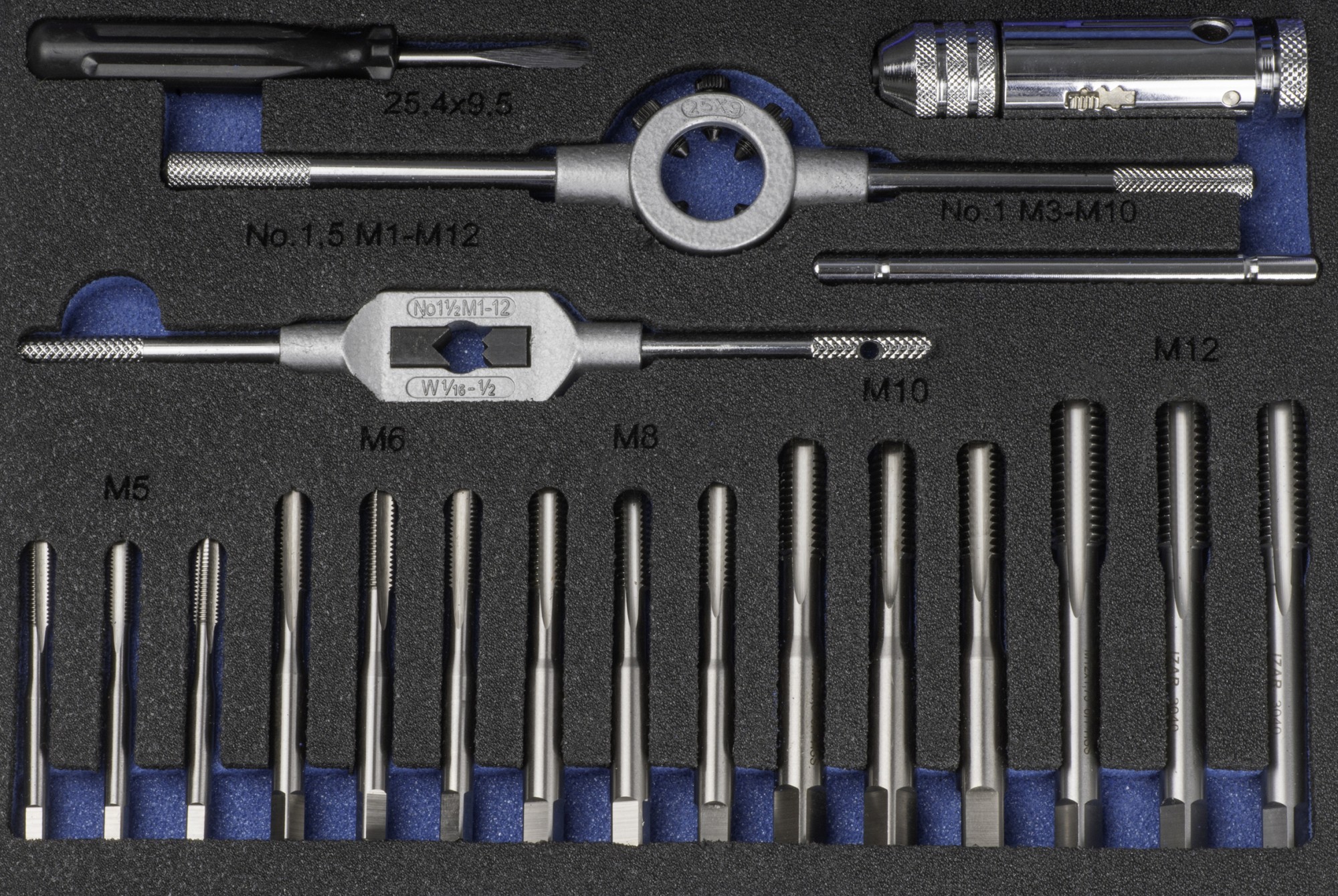 JUEGO MACHOS-COJINETES MANO - 3406 - M3-M12 + COMBI (MOD. 0) 33 pcs. ISO 529