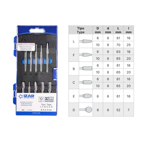 JUEGO FRESAS ROTATIVAS METAL DURO - 9201 - SET 10 PCS (L-F-B-C-E/D)