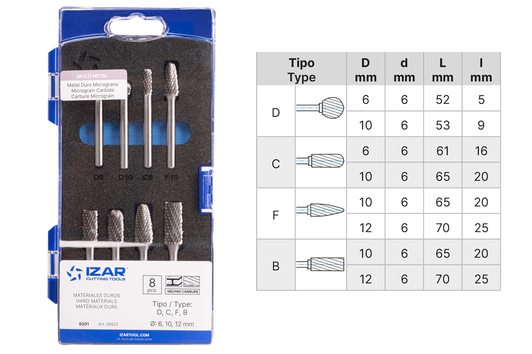 JUEGO FRESAS ROTATIVAS METAL DURO - 9201 - SET 08 PCS (D-C-F-B)