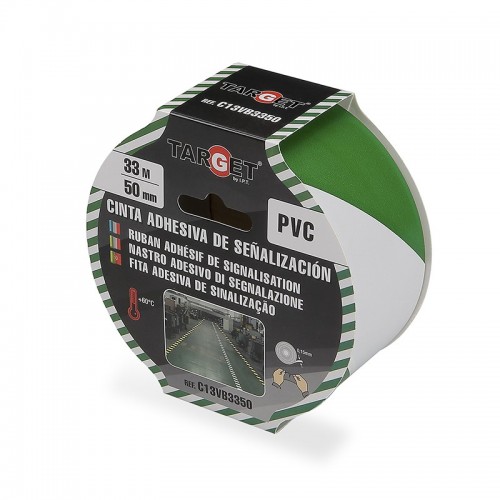 CINTA ADHESIVA DE SEÑALIZACION VERDE/BLANCA DE 33M X 50mm