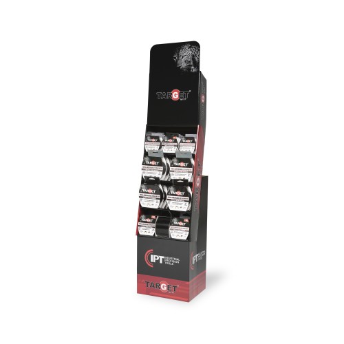 EXPOSITOR VERTICAL C/ CINTAS AMERICANAS TARGET NEGRAS Y PLATAS