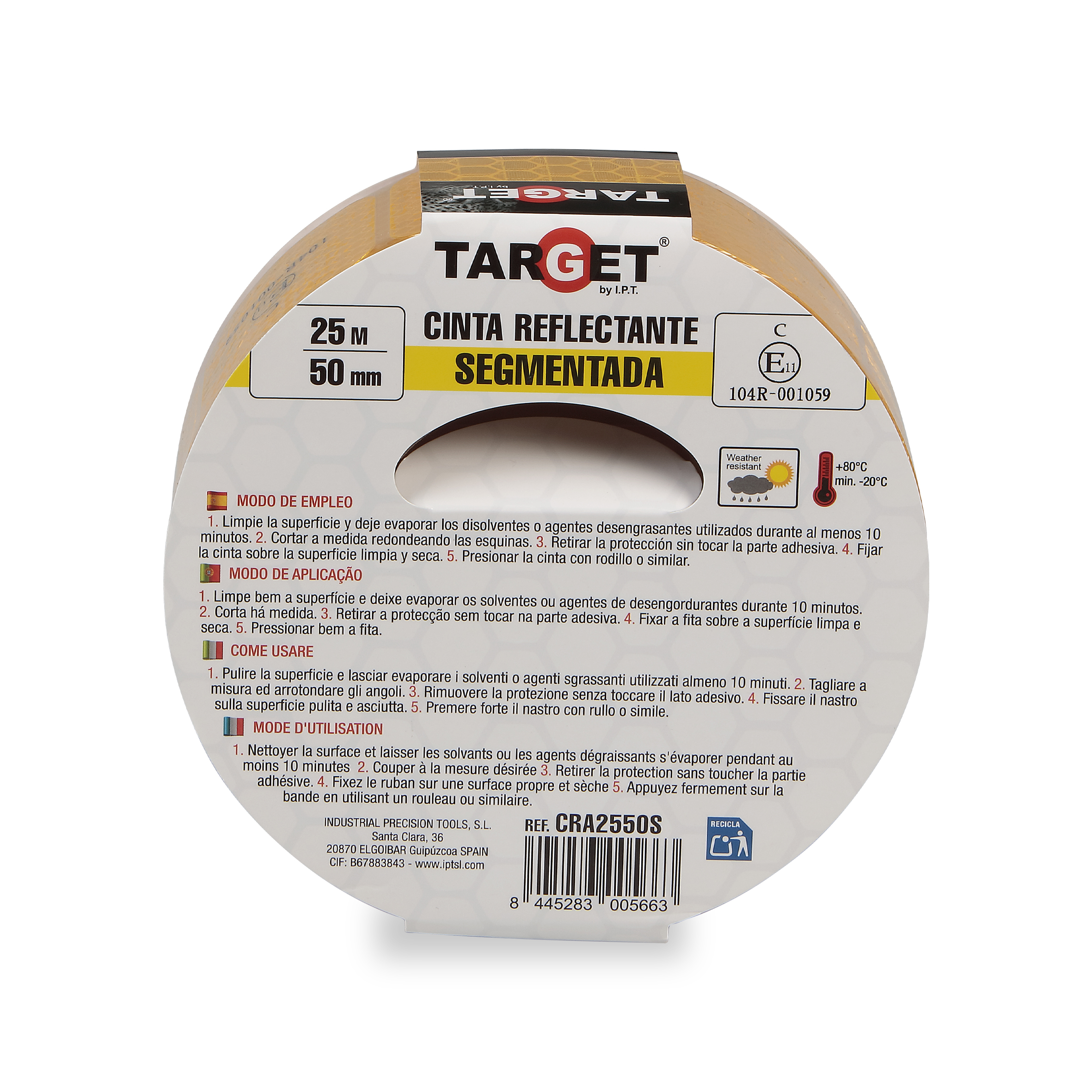 CINTA REFLEC.SEGMENTADA AMARILLA 25MX50mm HOMOLOGADA