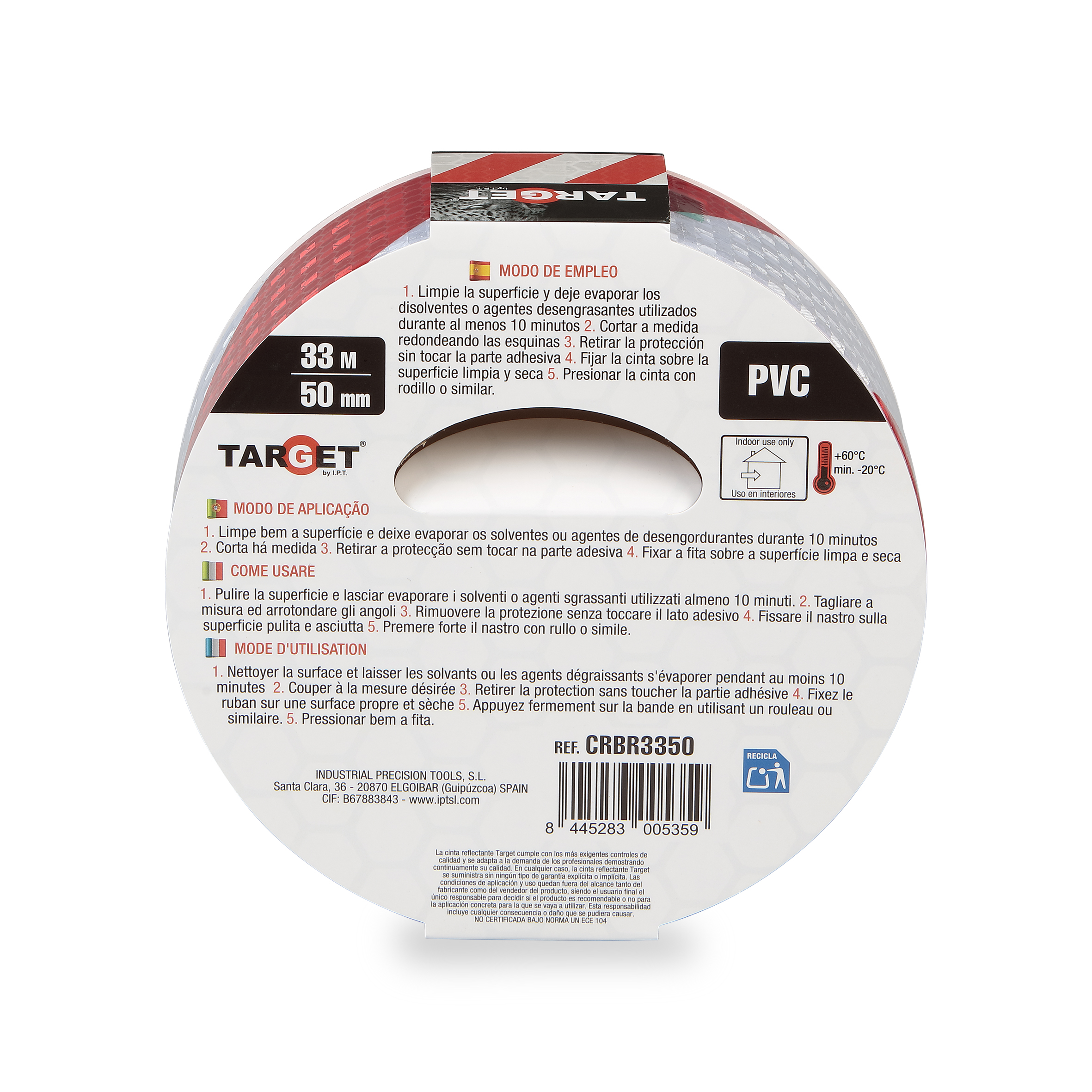 CINTA ADHESIVA REFLECTANTE BLANCA/ROJA DE 33 M X 50 MM