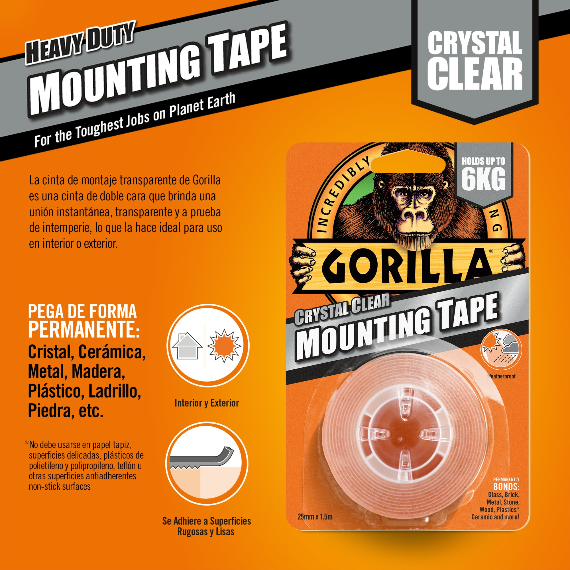 CINTA DOBLE CARA GORILLA 1,5 M X 25 mm TRANSPARENTE