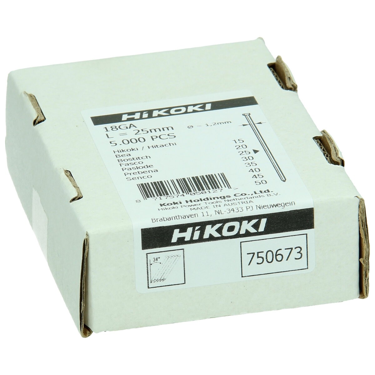 5000 clavos de cabeza plana calibre 18 1,2 x 25 mm, recto, electrogalvanizado