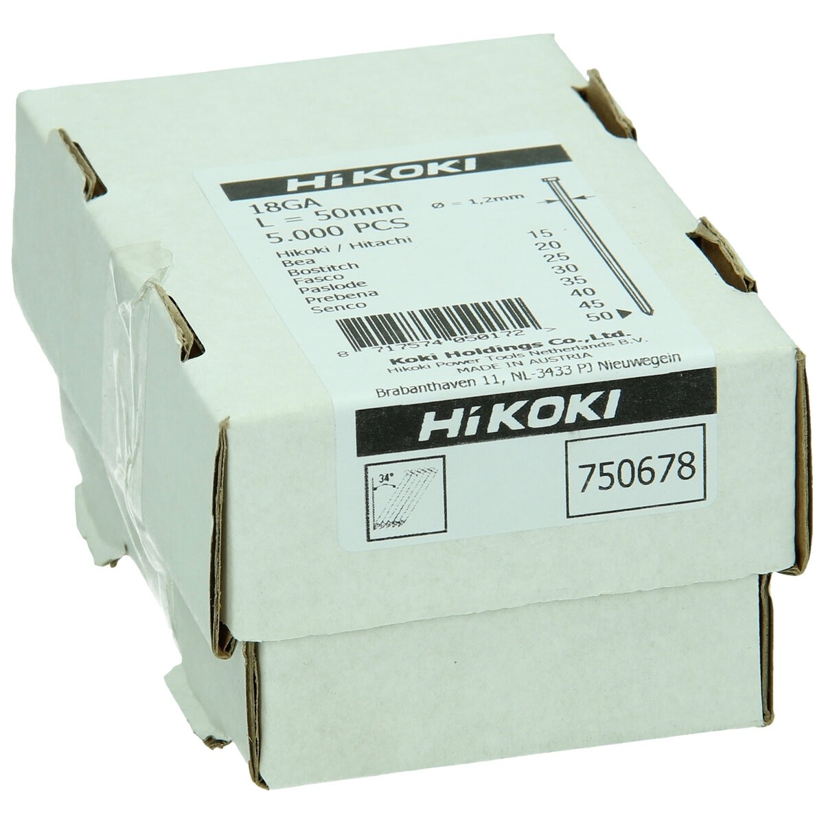 5000 clavos de cabeza plana calibre 18 1,2 x 50 mm, recto, electrogalvanizado