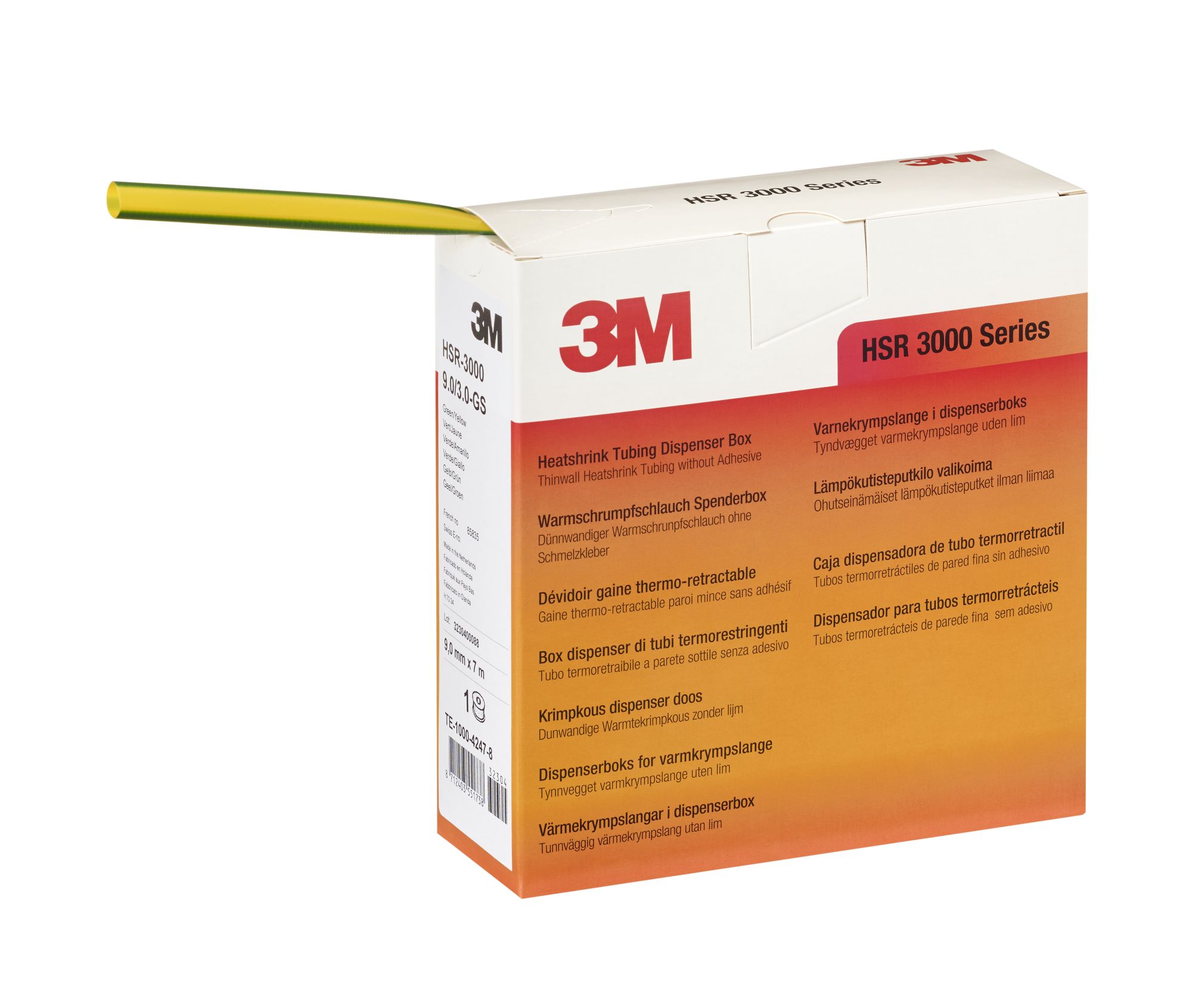 3M™ Tubo HSR3000 Termorretráctil de pared fina, Color Amarillo/verde (9,0/3,0mm 7m)