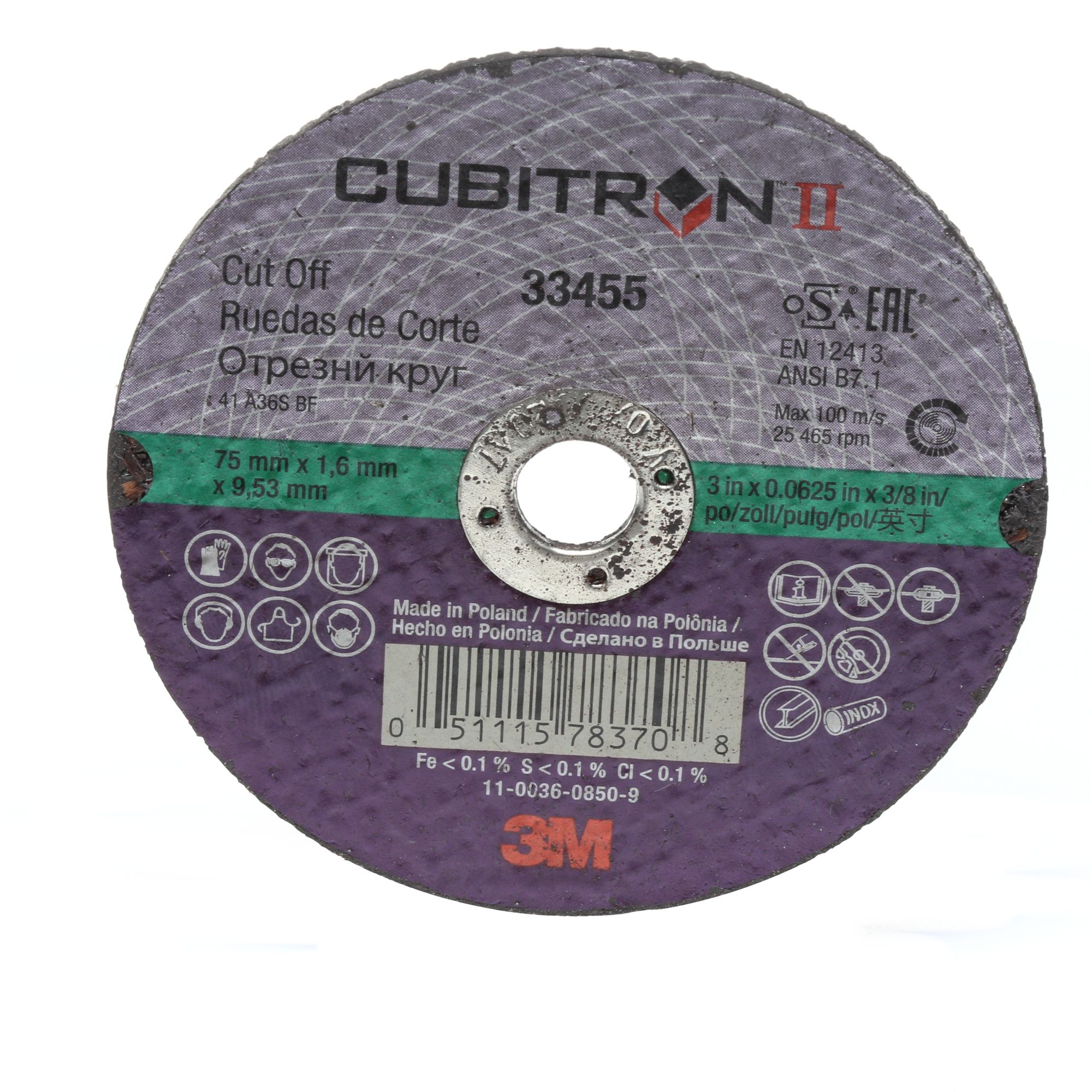 3M™ Cubitron™ II Rueda de corte, 75 mm x 1,6 mm x 9,53 mm, 33455