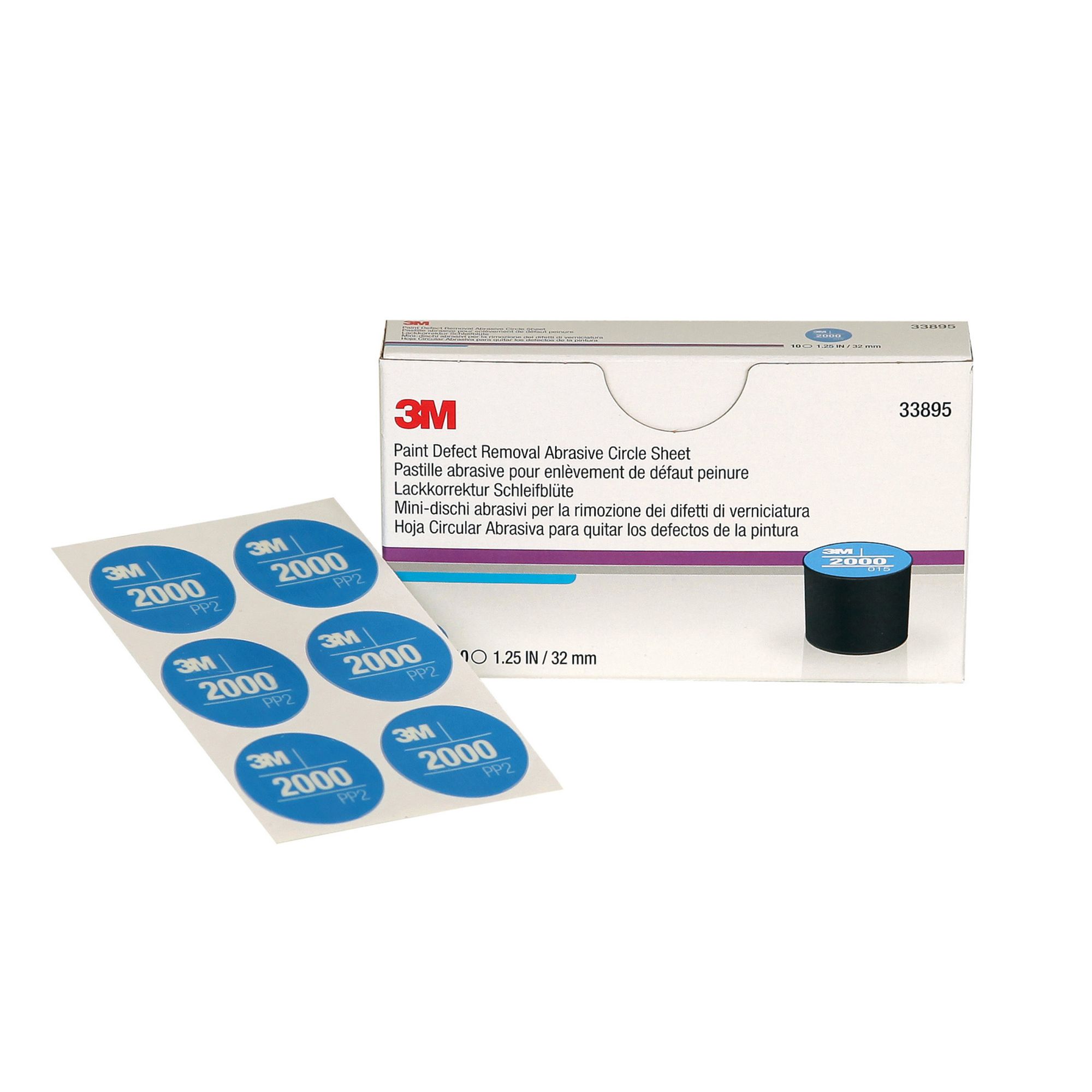 3M™ Hoja de círculos abrasivos para la eliminación de defectos de pintura, 32 mm, P2000, 33895