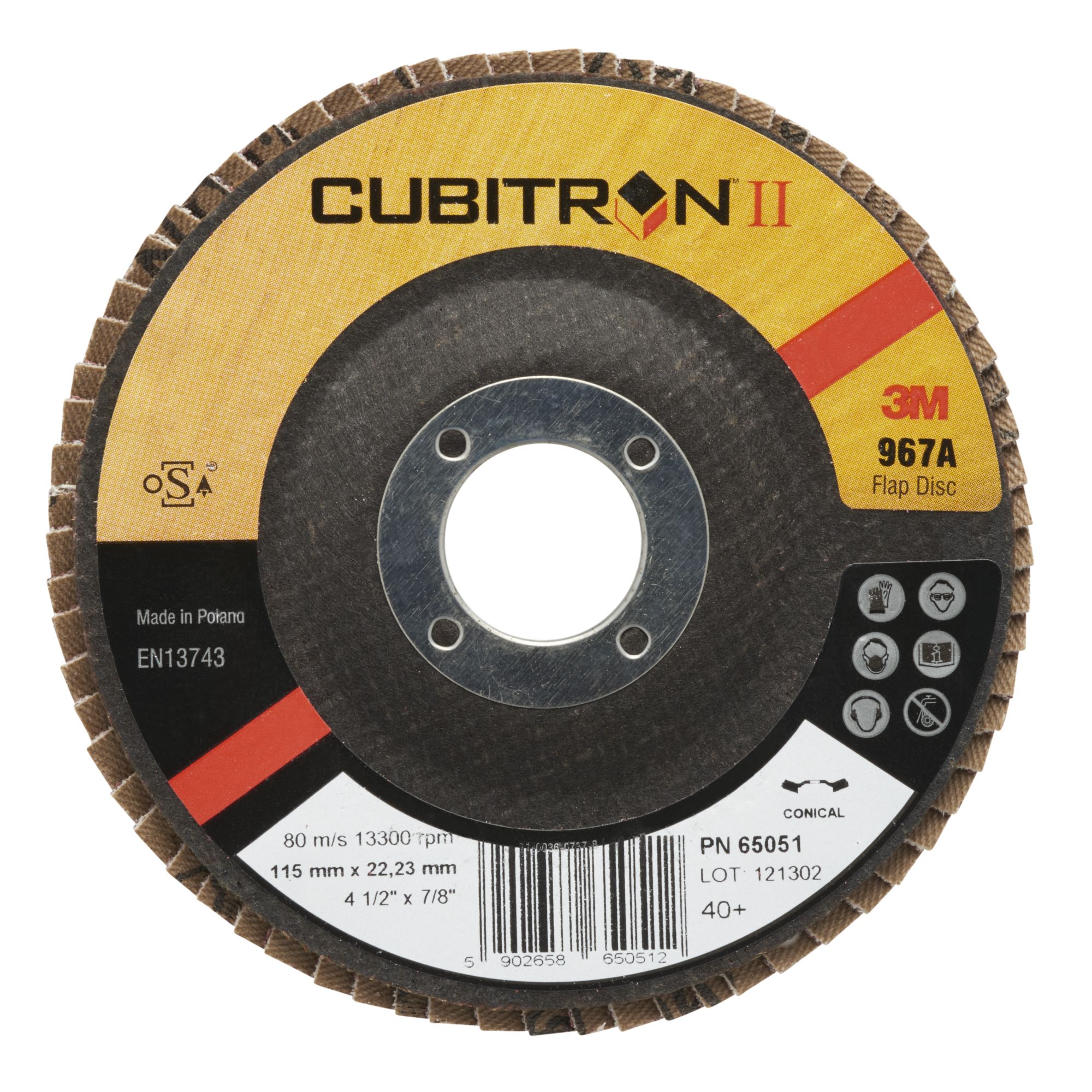 3M™ Cubitron™ II Disco de Láminas 967A, 115 mm, Cónico, 40+, 65051
