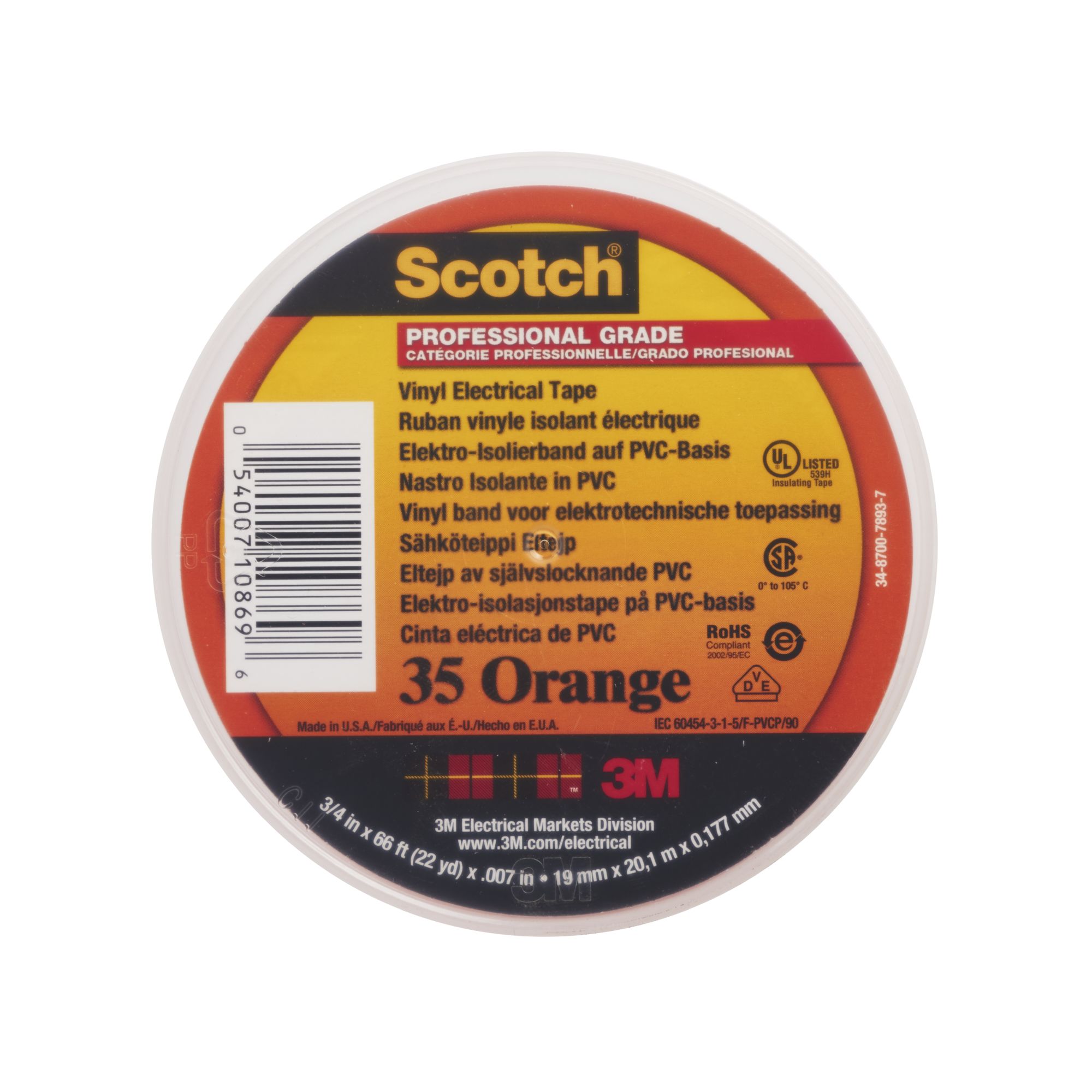 Cinta eléctrica de PVC para codificación por colores Scotch® 35, naranja, 19 mm x 20 m