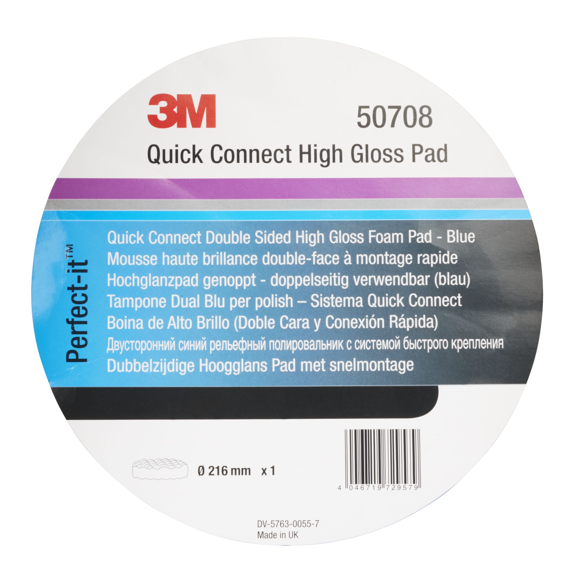 3M™ Perfect-It™ Boina de abrillantado Ultrafina, sistema de conexión rápida, azul, ondulada, 216 mm, 50708