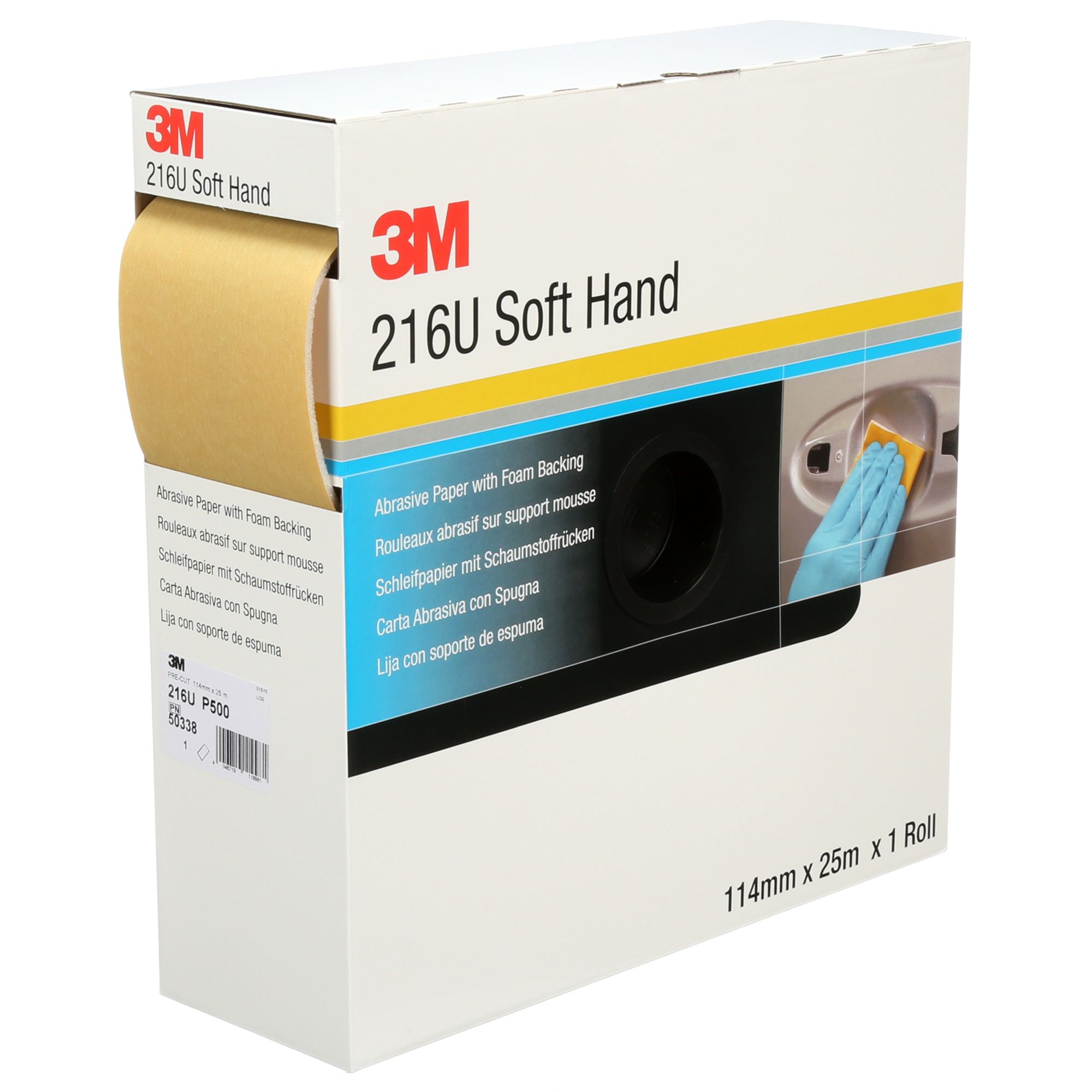 3M™ 216U Rollo de papel abrasivo con esponja, precortado 114 mm x 25 m, P500, 50338