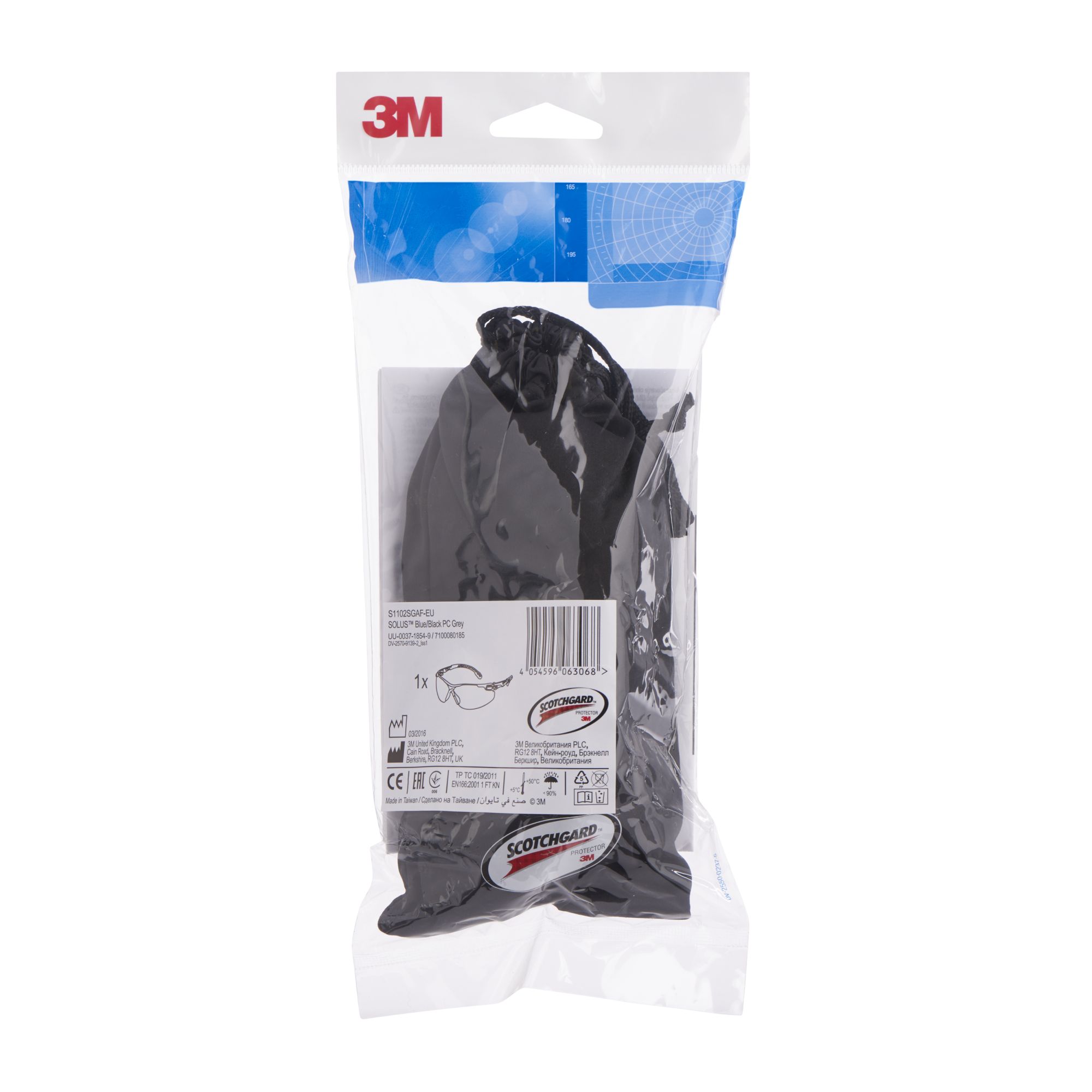 3M™ Solus™ 1000 Gafas de seguridad, montura azul/negro, recubrimiento antiempañante/antirrayaduras Scotchgard™ (K y N), lente gris, S1102SGAF-EU, 20/caja