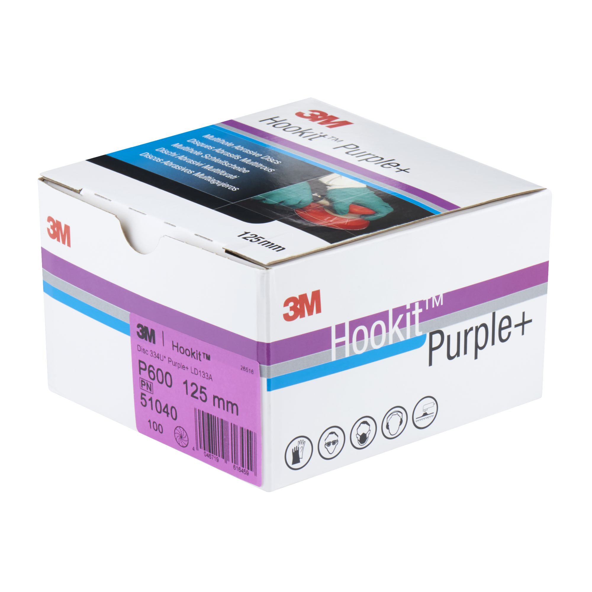 3M™ Hookit™ Disco abrasivo púrpura 334U, 125 mm, multiagujeros, P600, 51040