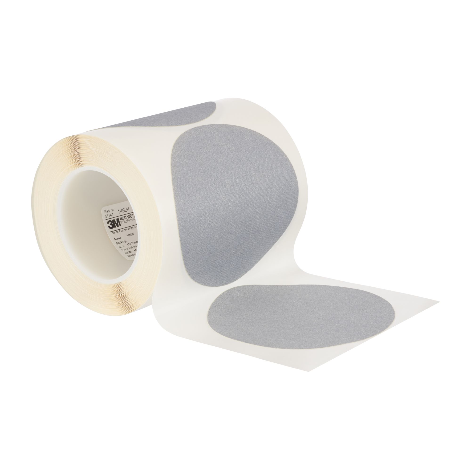 3M™ Wetordry™ Film de pulido 486Q, Rollo de discos PSA de 15 micras, 127 MM x 0.127 M, caja de 2 unidades con 125 discos