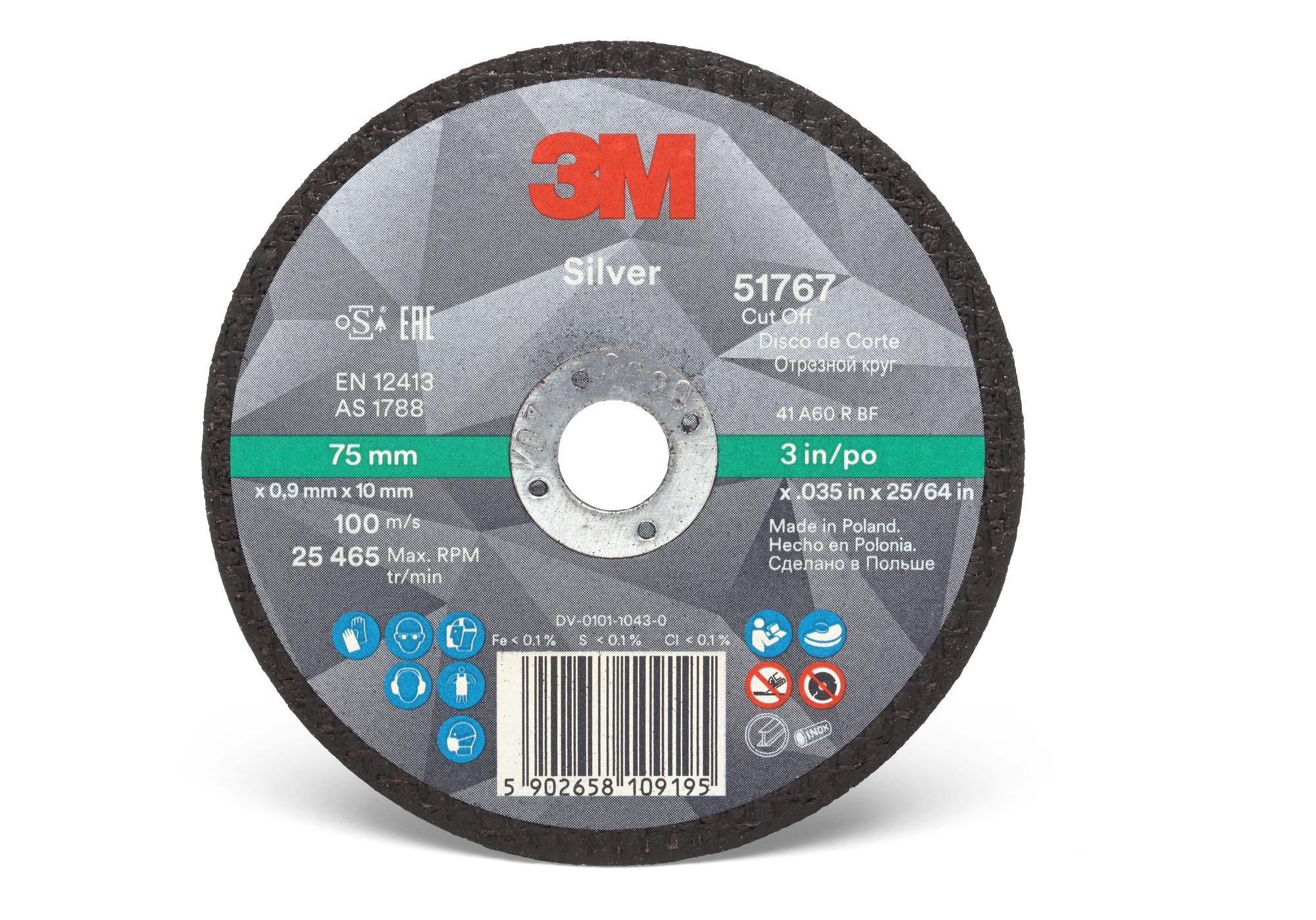 3M™ Disco de Corte Silver Plano, T41, 75 mm x 0.9 mm x 10 mm, 51767