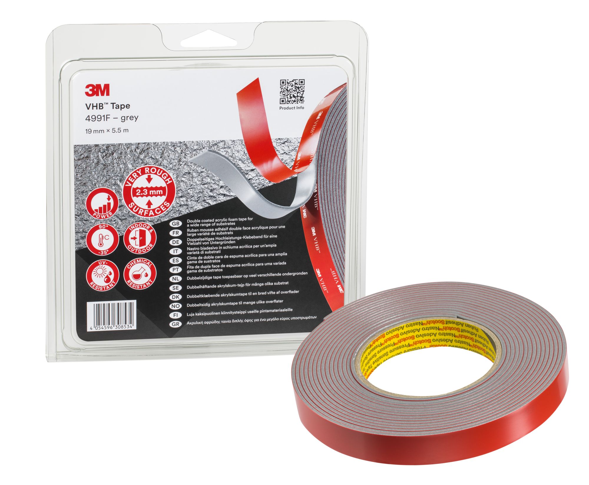 3M™ VHB™ Cinta de Espuma Acrílica 4991F, Gris, 19 mm x 5.5 m, 2.3 mm, Blister