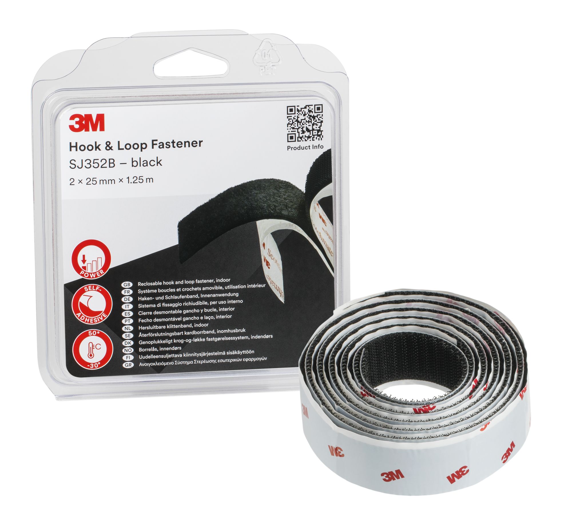3M™ Sistemas de Unión Desmontable SJ352B, Negro, 25 mm x 1.25 m, 4.4 mm, Blíster