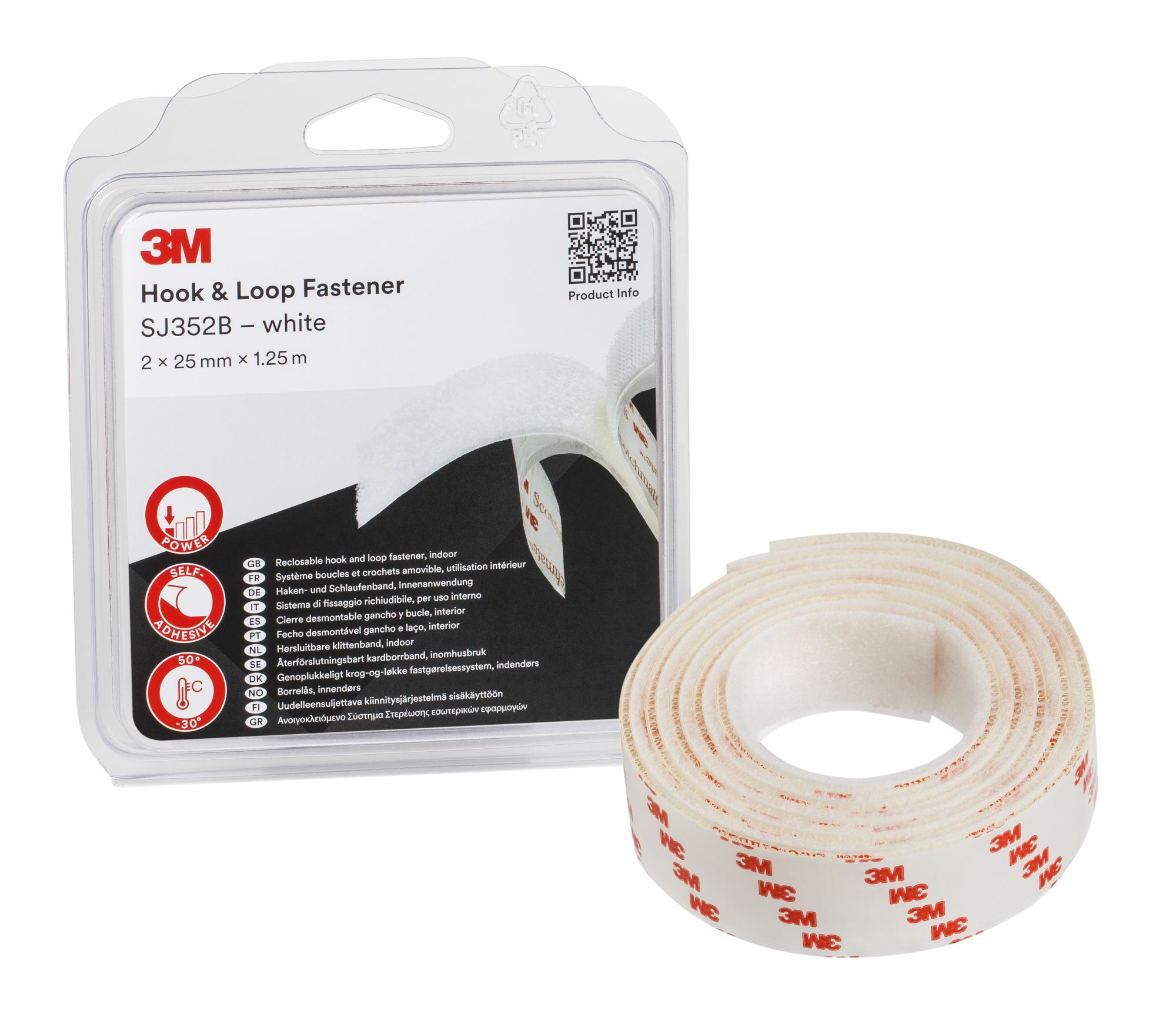 3M™ Sistemas de Unión Desmontable SJ352B, Blanco, 25 mm x 1.25 m, 4.4 mm, Blíster