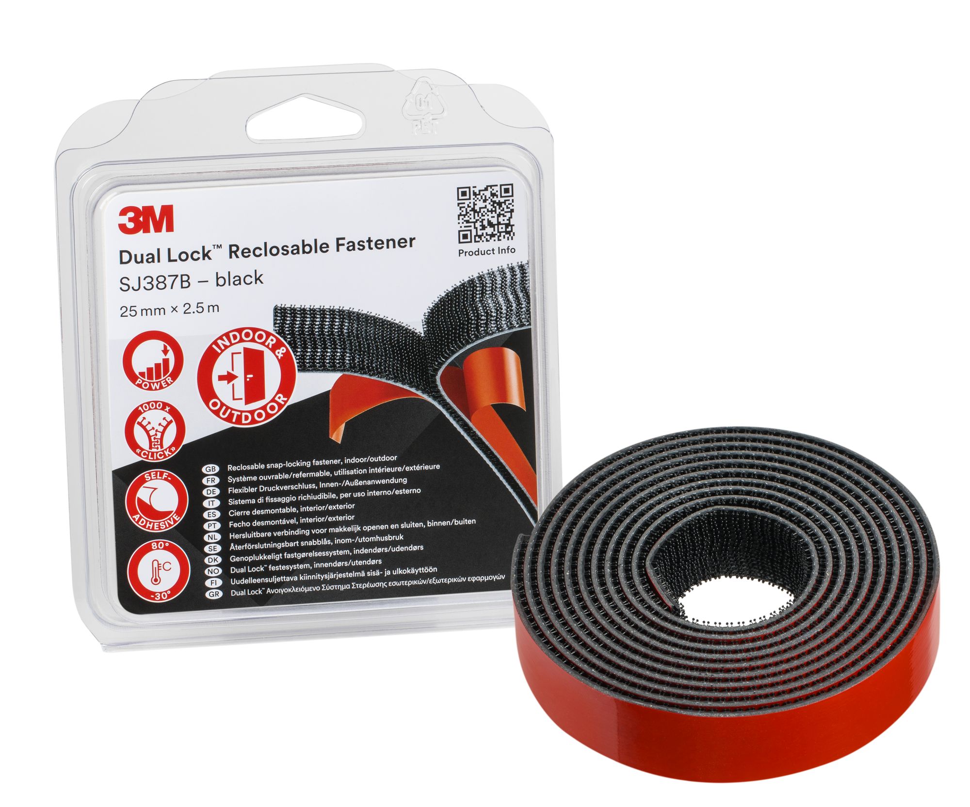 3M™ Dual Lock™ Sistemas de Unión Desmontable SJ3870, Negro, 25 mm x 2.5 m, 6.1 mm, Blíster