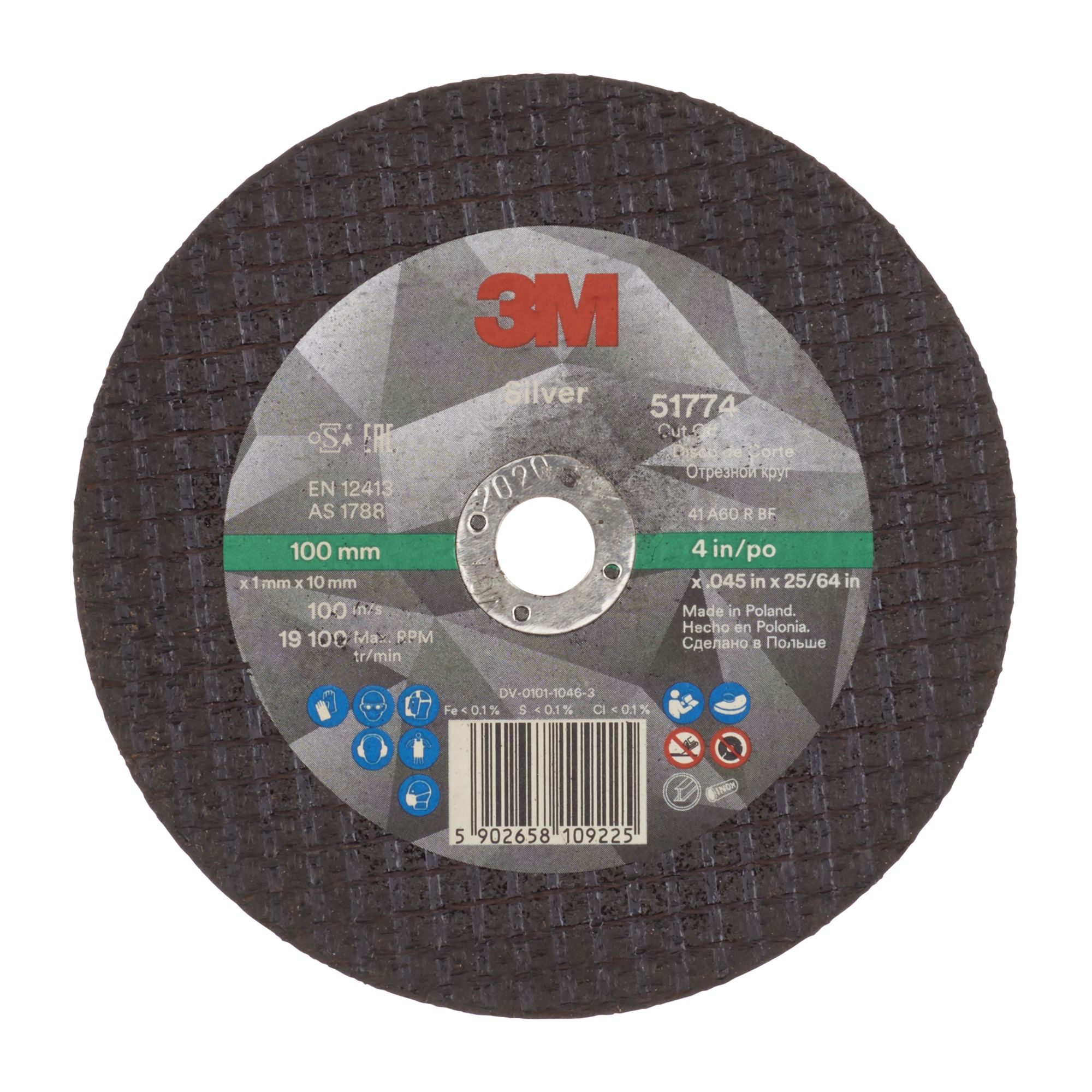 3M™ Disco de Corte Silver Plano, T41, 100 mm x 1 mm x 10 mm, 51774