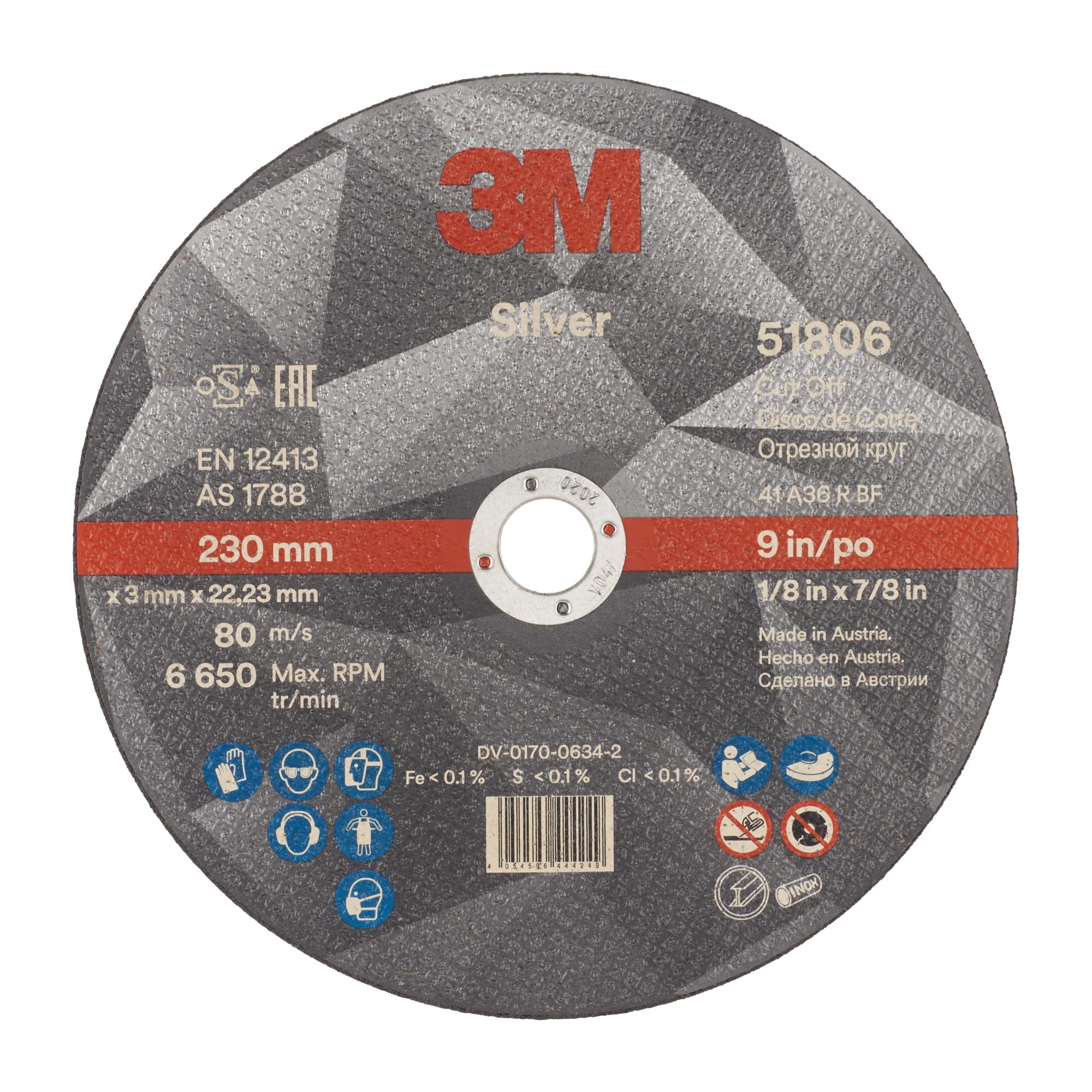 3M™ Disco de Corte Silver Plano, T41, 230 mm x 3 mm x 22 mm, 51806