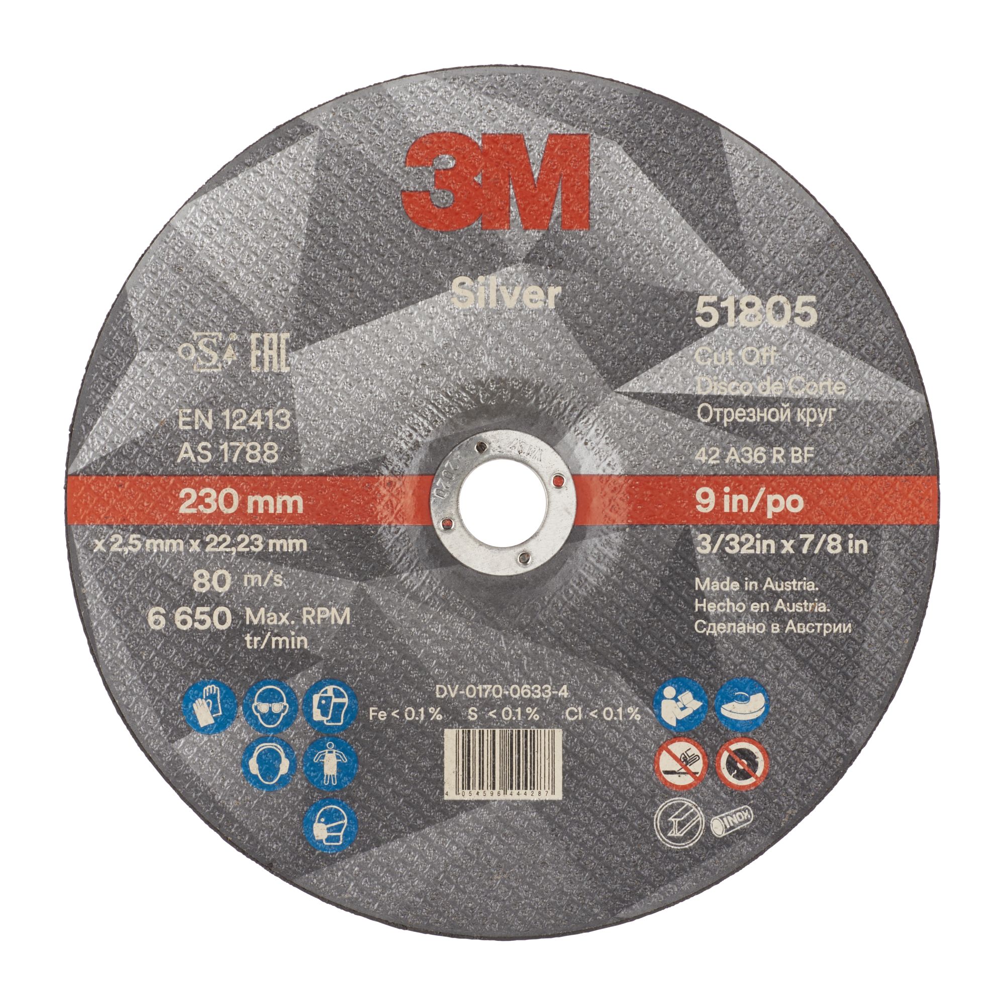 3M™ Disco de Corte Silver de Centro Hundido, T42, 230 mm x 2,5 mm x 22 mm